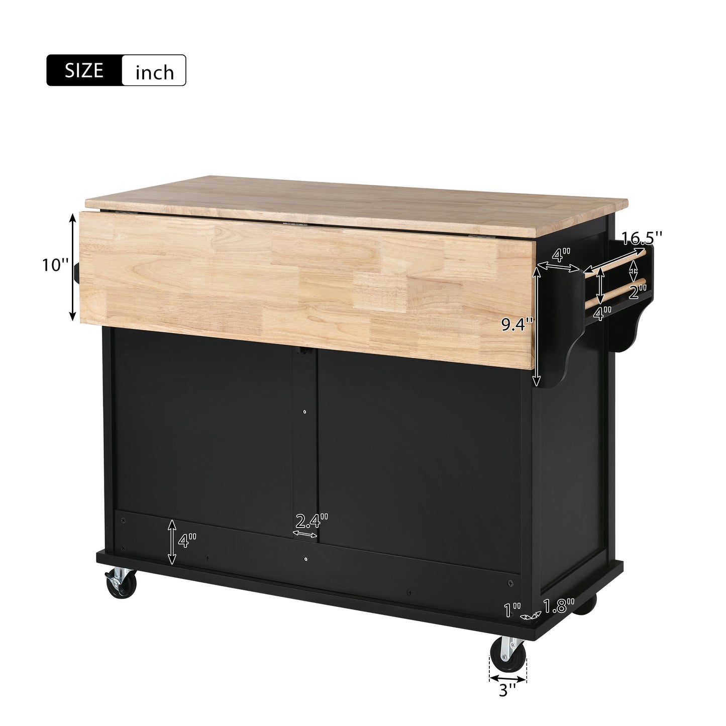 Melysen Kitchen Cart with Rubber wood Drop-Leaf Countertop, Concealed sliding barn door adjustable height,Kitchen Island on 4 Wheels with Storage Cabinet and 2 Drawers,L52.2xW30.5xH36.6 inch, Black