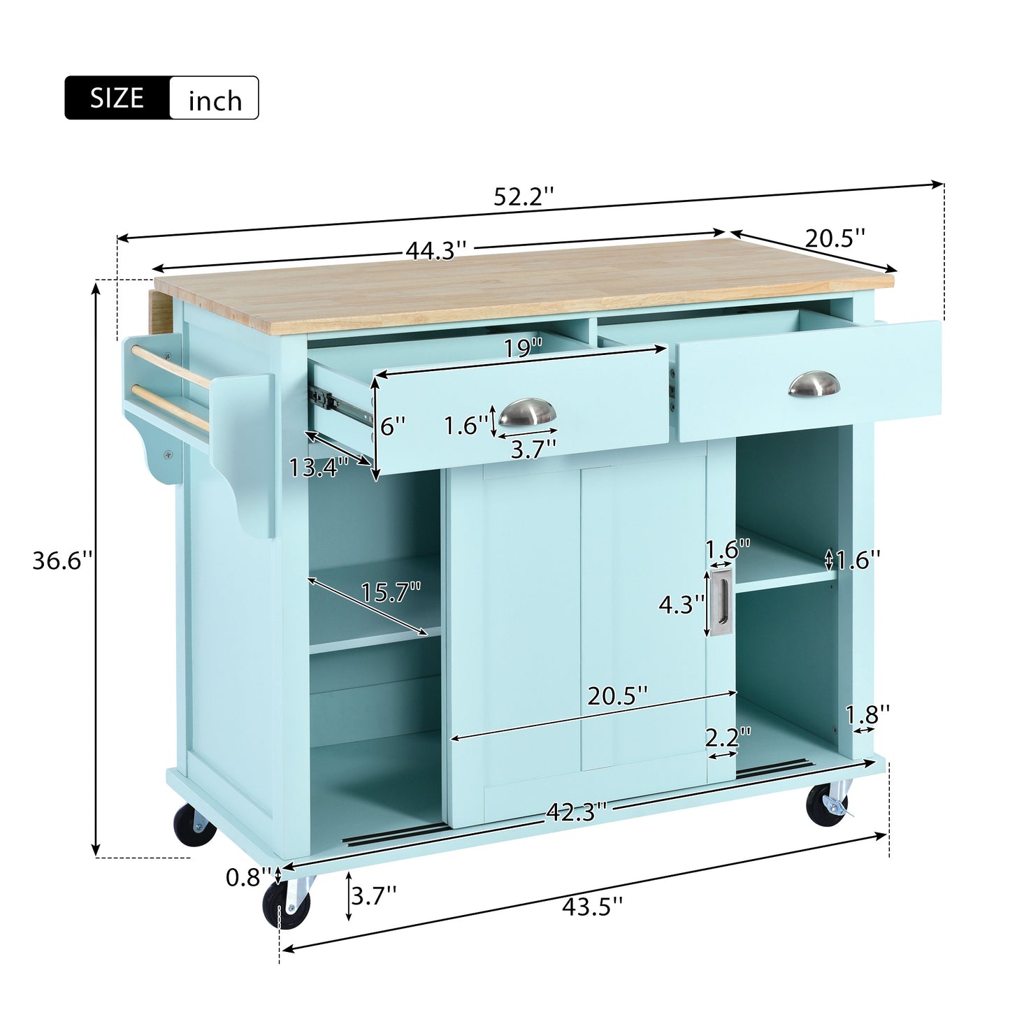 Melysen Kitchen Cart with Rubber wood Drop-Leaf Countertop, Concealed sliding barn door adjustable height,Kitchen Island on 4 Wheels with Storage Cabinet and 2 Drawers,L52.2xW30.5xH36.6 inch, Mint Green