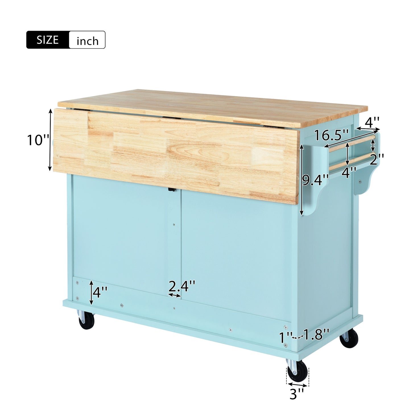 Melysen Kitchen Cart with Rubber wood Drop-Leaf Countertop, Concealed sliding barn door adjustable height,Kitchen Island on 4 Wheels with Storage Cabinet and 2 Drawers,L52.2xW30.5xH36.6 inch, Mint Green