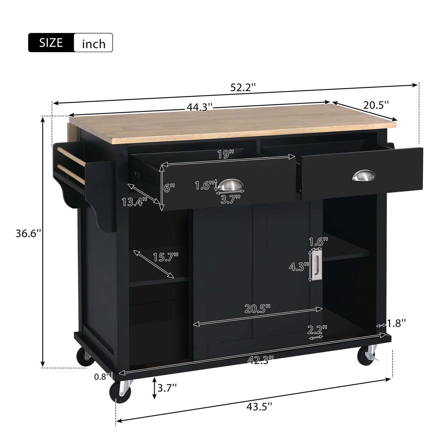 Melysen Kitchen Cart with Rubber wood Drop-Leaf Countertop, Concealed sliding barn door adjustable height,Kitchen Island on 4 Wheels with Storage Cabinet and 2 Drawers,L52.2xW30.5xH36.6 inch, Black