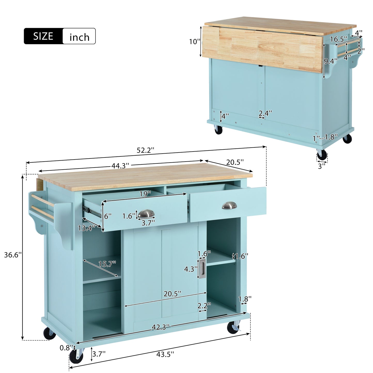 Melysen Kitchen Cart with Rubber wood Drop-Leaf Countertop, Concealed sliding barn door adjustable height,Kitchen Island on 4 Wheels with Storage Cabinet and 2 Drawers,L52.2xW30.5xH36.6 inch, Mint Green