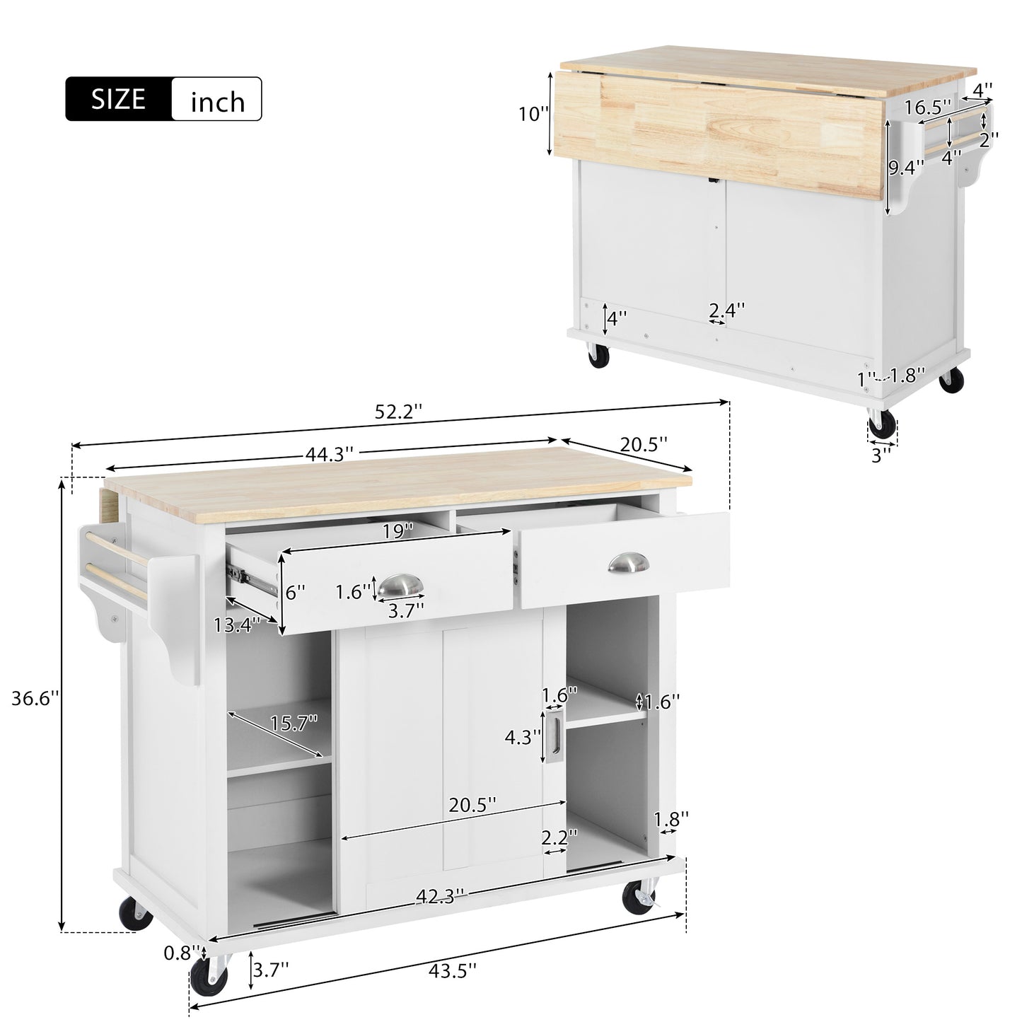 Melysen Kitchen Cart with Rubber wood Drop-Leaf Countertop, Concealed sliding barn door adjustable height,Kitchen Island on 4 Wheels with Storage Cabinet and 2 Drawers,L52.2xW30.5xH36.6 inch, White