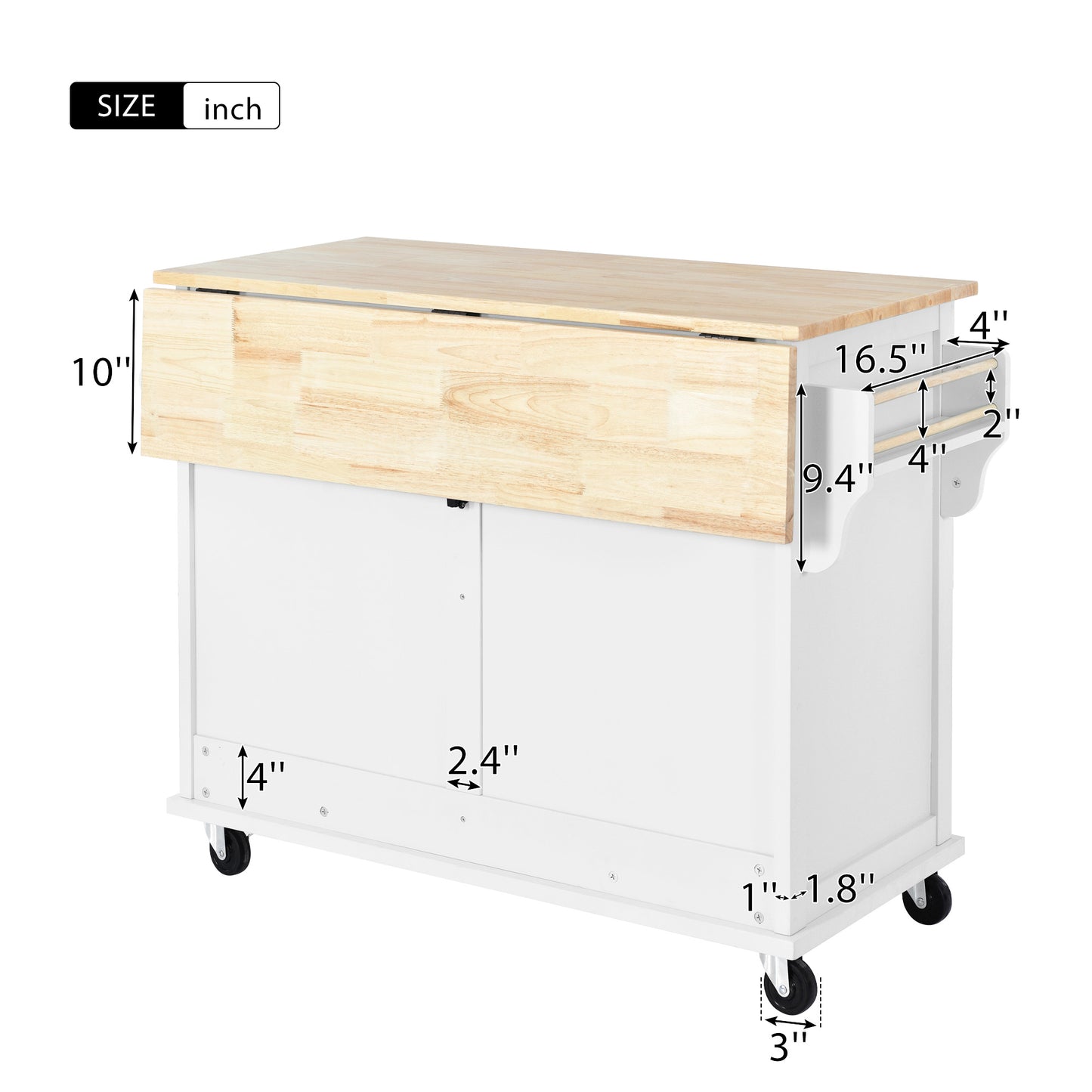 Melysen Kitchen Cart with Rubber wood Drop-Leaf Countertop, Concealed sliding barn door adjustable height,Kitchen Island on 4 Wheels with Storage Cabinet and 2 Drawers,L52.2xW30.5xH36.6 inch, White