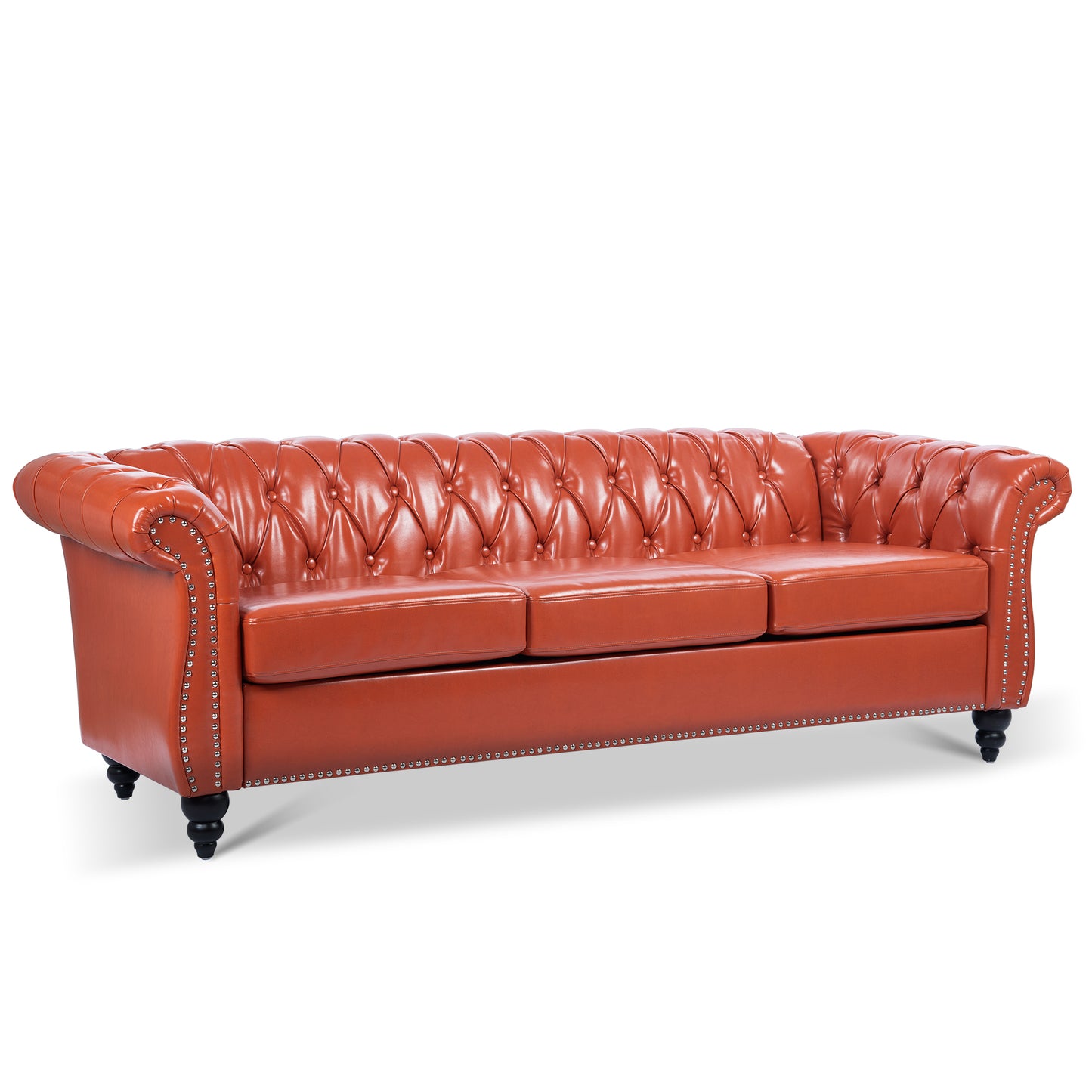 Melysen 84.65" Pu Rolled Arm Chesterfield 3seater Sofa,Orange