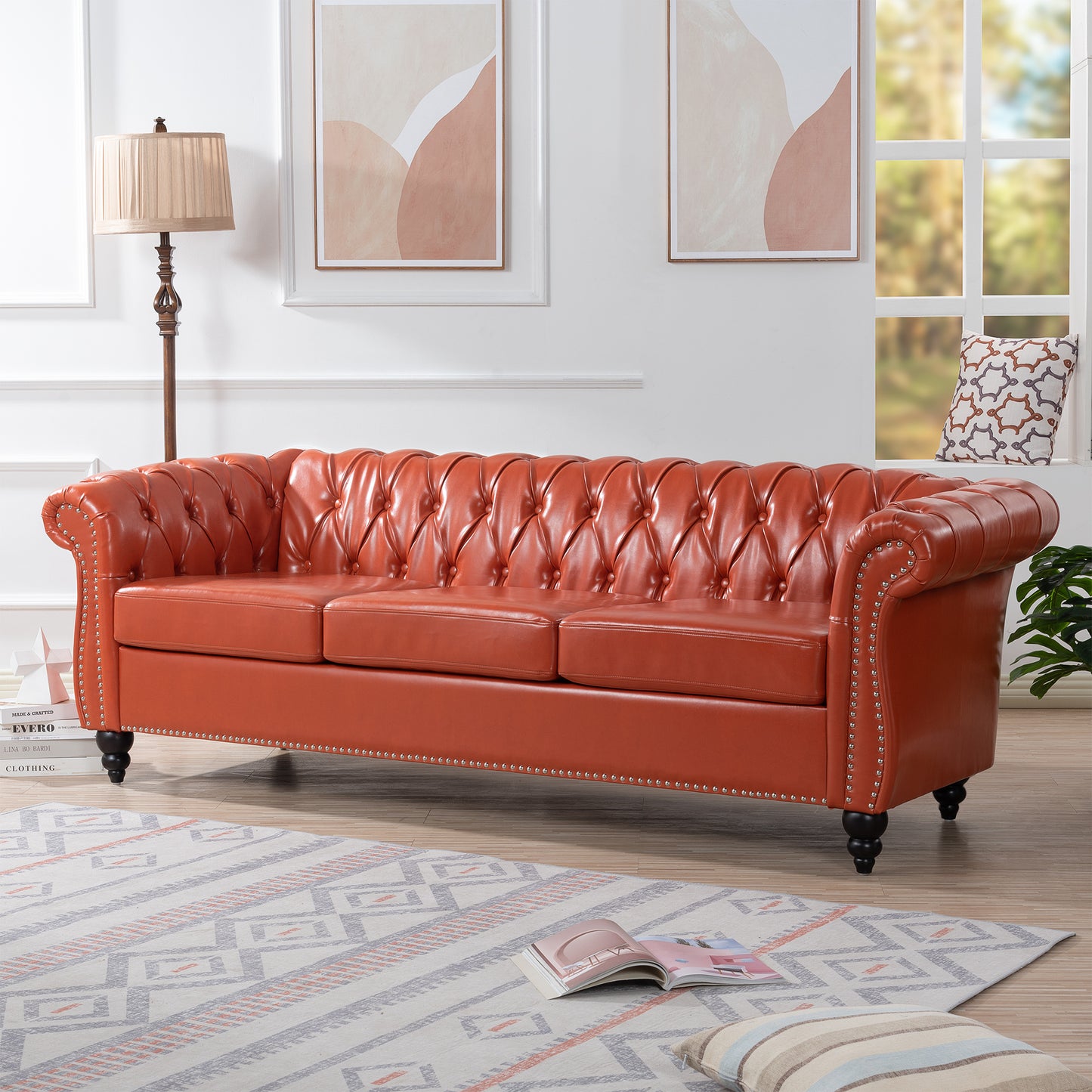 Melysen 84.65" Pu Rolled Arm Chesterfield 3seater Sofa,Orange