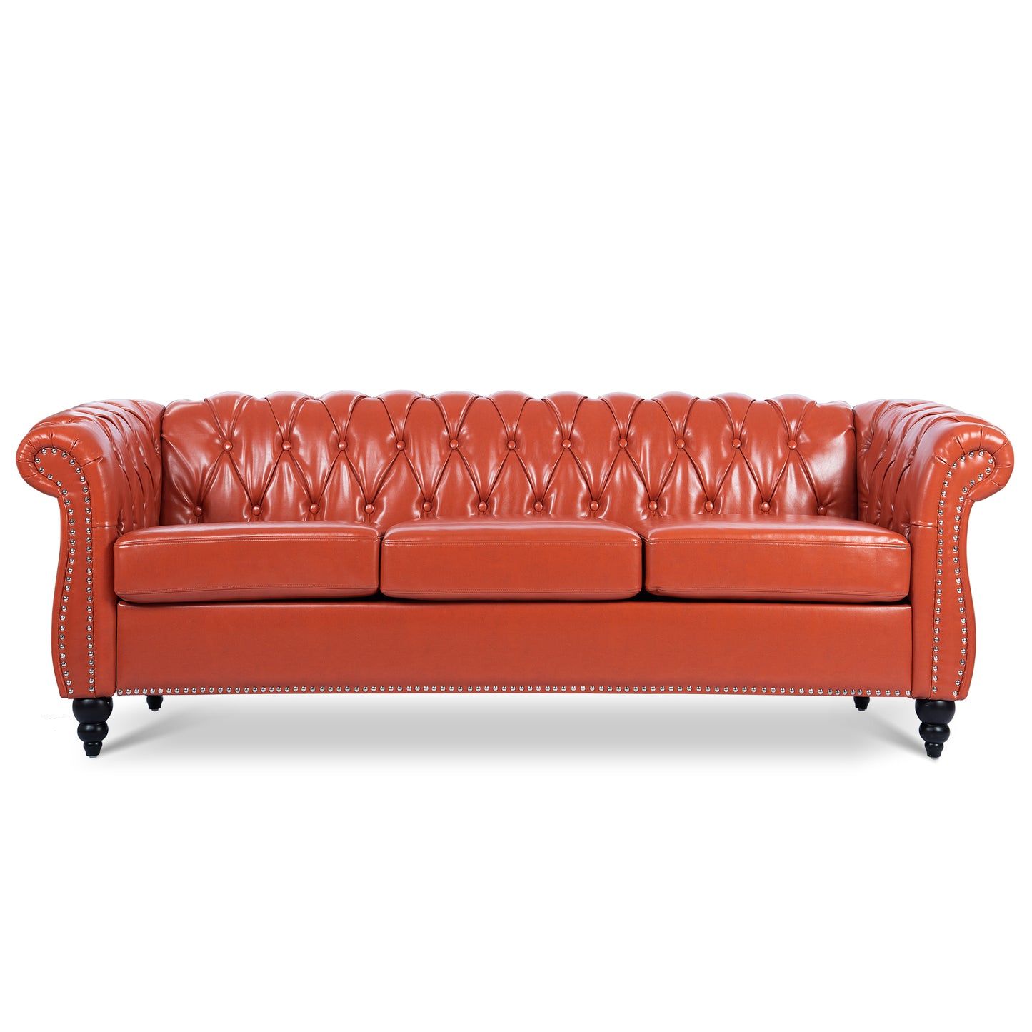 Melysen 84.65" Pu Rolled Arm Chesterfield 3seater Sofa,Orange