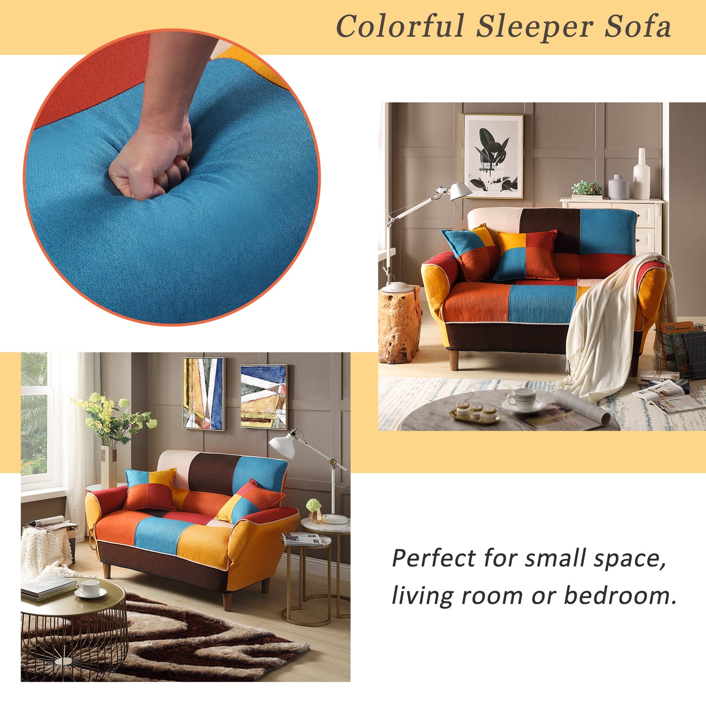 Melysen Small Space Colorful Sleeper Sofa, Solid Wood Legs