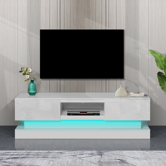 Melysen 51.18 " WHITE morden TV Stand with LED Lights,high glossy front TV Cabinet,White