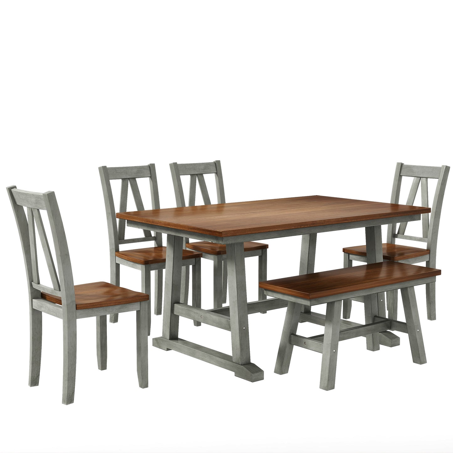 Melysen 6-Piece Wood Dining Table Set Kitchen Table Set with Long Bench and 4 Dining Chairs, Farmhouse Style,Walnut+Gray