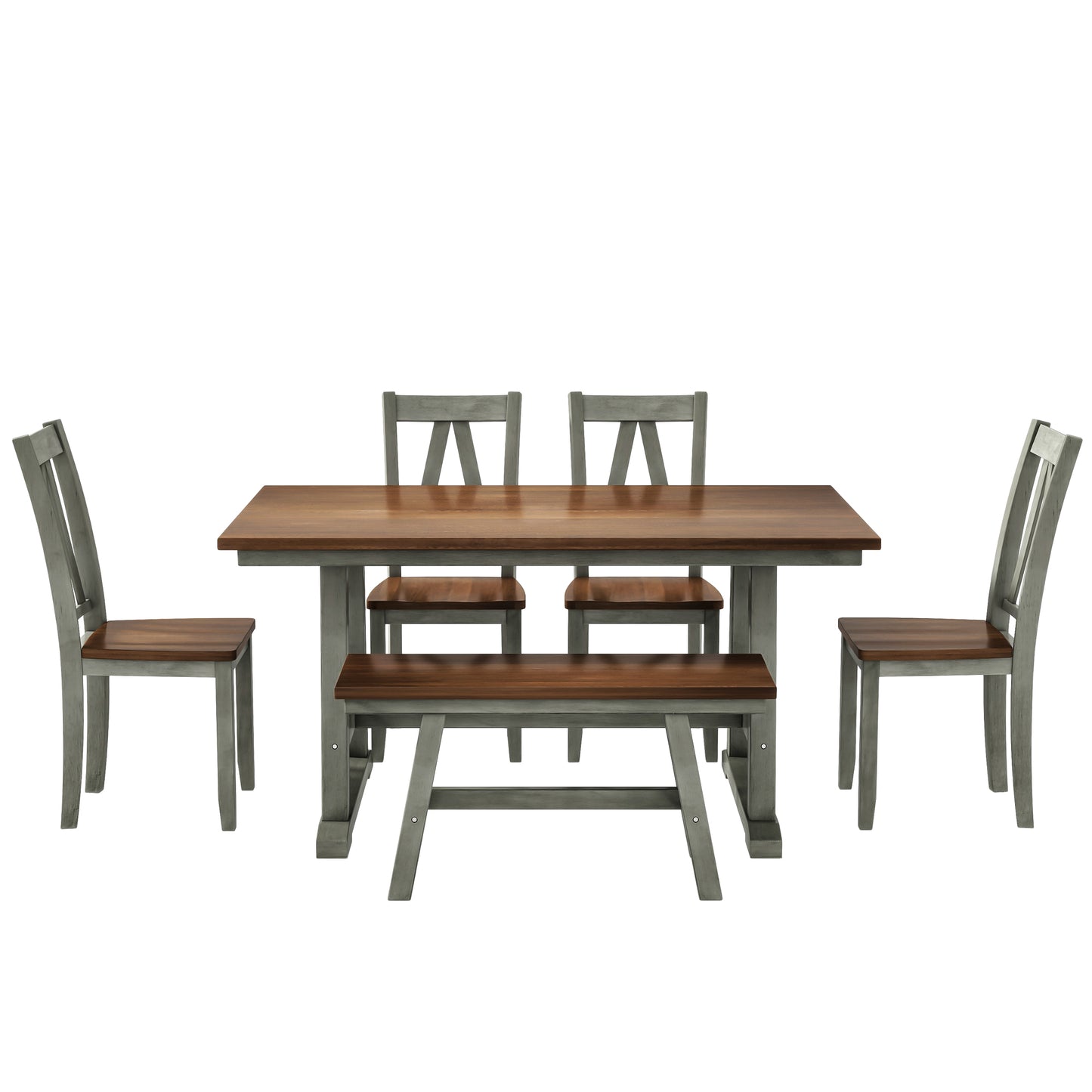 Melysen 6-Piece Wood Dining Table Set Kitchen Table Set with Long Bench and 4 Dining Chairs, Farmhouse Style,Walnut+Gray