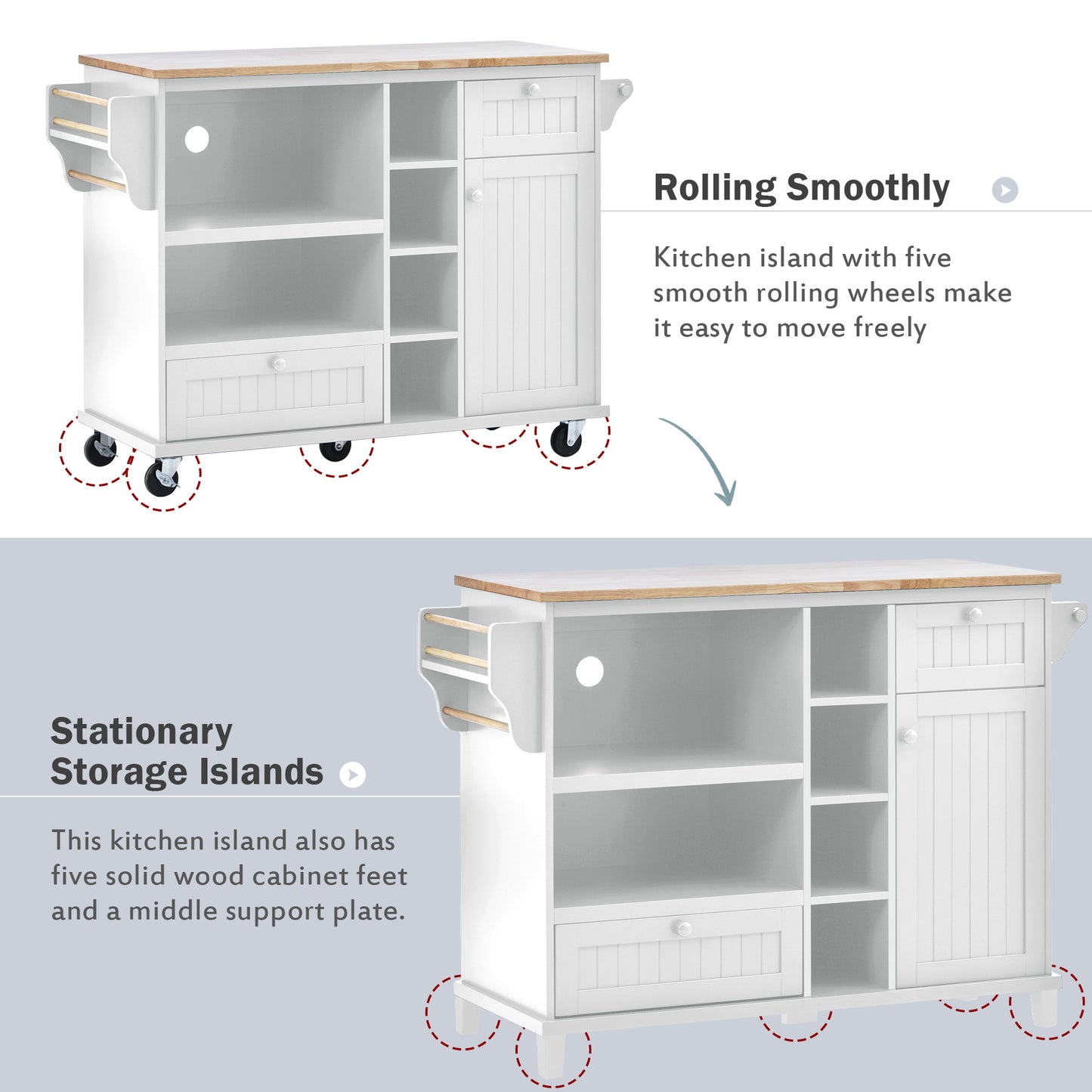 Melysen Kitchen Island Cart with Storage Cabinet and Two Locking Wheels,Solid wood desktop,Microwave cabinet,Floor Standing Buffet Server Sideboard for Kitchen Room,Dining Room,, Bathroom(White)