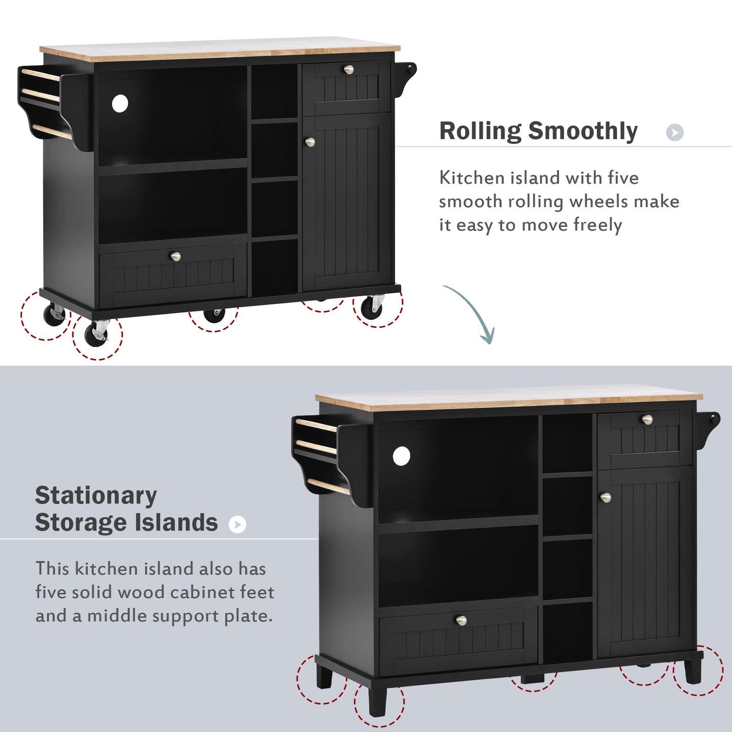 Melysen Kitchen Island Cart with Storage Cabinet and Two Locking Wheels,Solid wood desktop,Microwave cabinet,Floor Standing Buffet Server Sideboard for Kitchen Room,Dining Room,, Bathroom(Black)