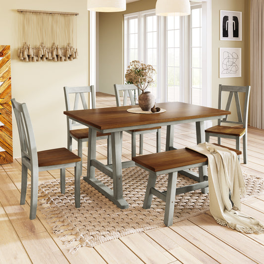 Melysen 6-Piece Wood Dining Table Set Kitchen Table Set with Long Bench and 4 Dining Chairs, Farmhouse Style,Walnut+Gray