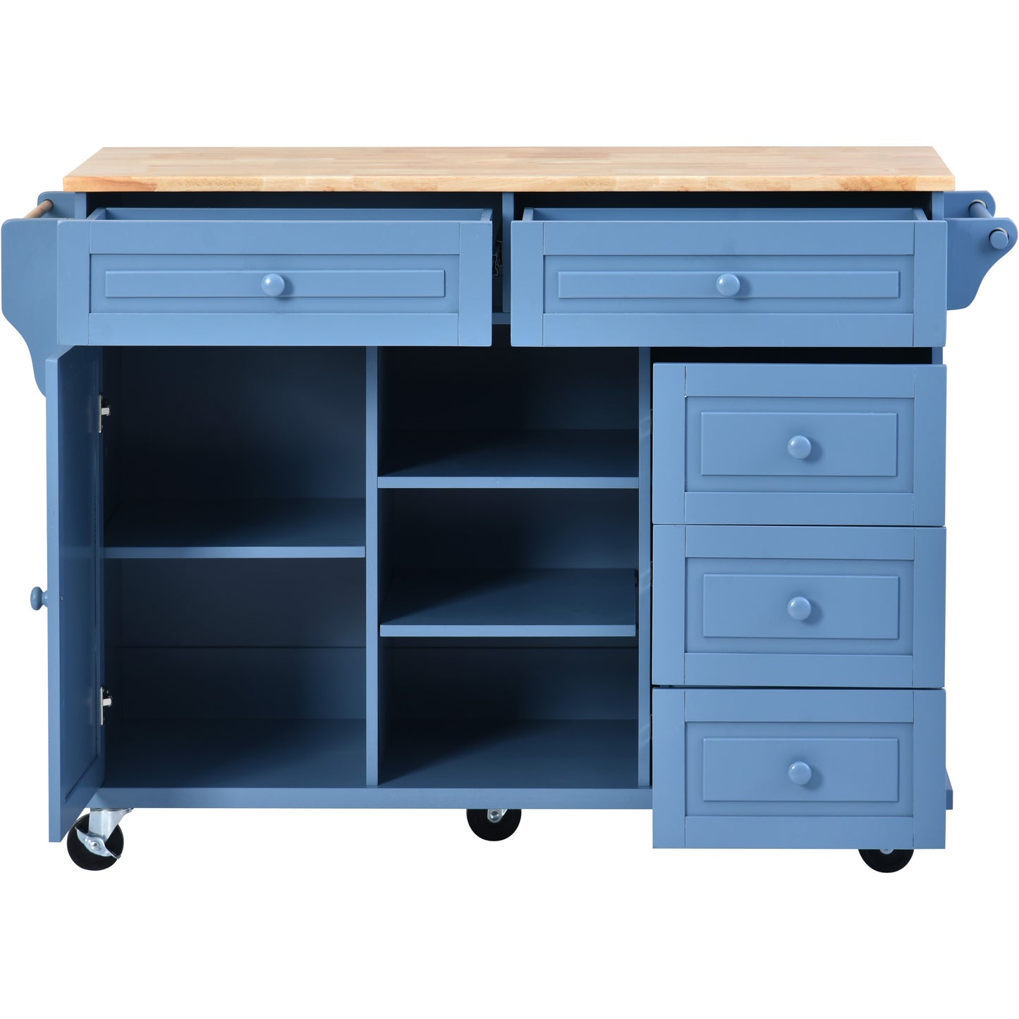 Melysen Kitchen cart with Rubber wood desktop rolling mobile kitchen island with storage and 5 draws 53 Inch length (Blue)