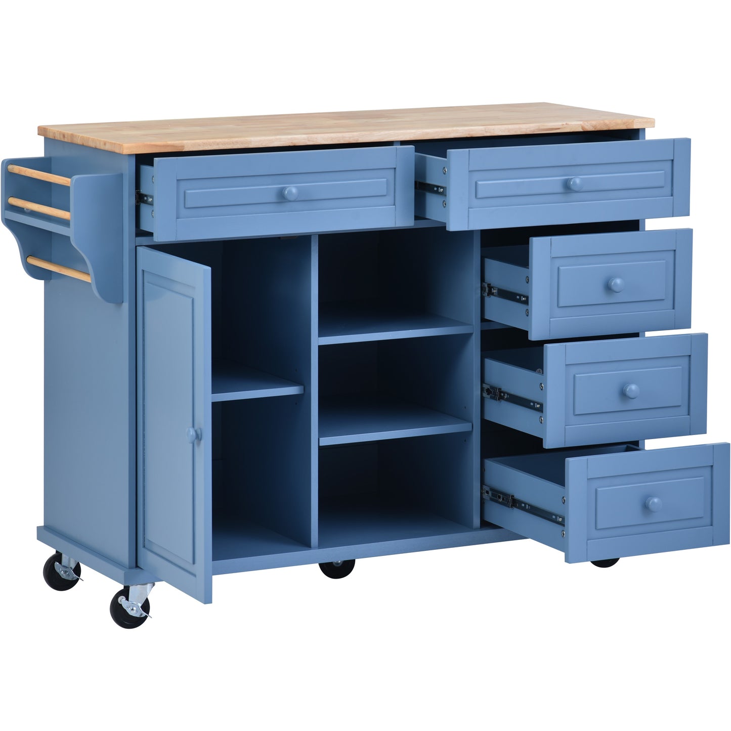 Melysen Kitchen cart with Rubber wood desktop rolling mobile kitchen island with storage and 5 draws 53 Inch length (Blue)