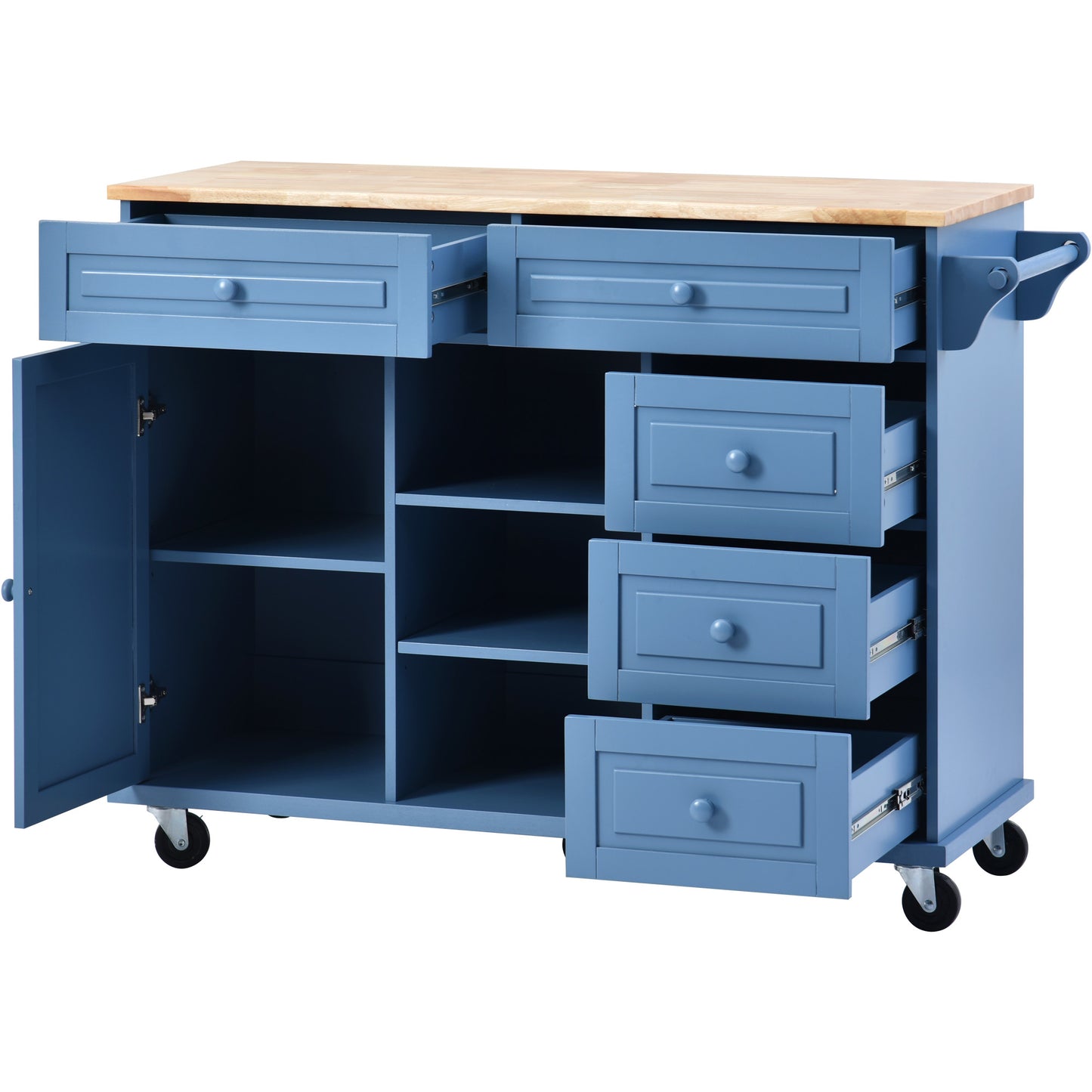 Melysen Kitchen cart with Rubber wood desktop rolling mobile kitchen island with storage and 5 draws 53 Inch length (Blue)