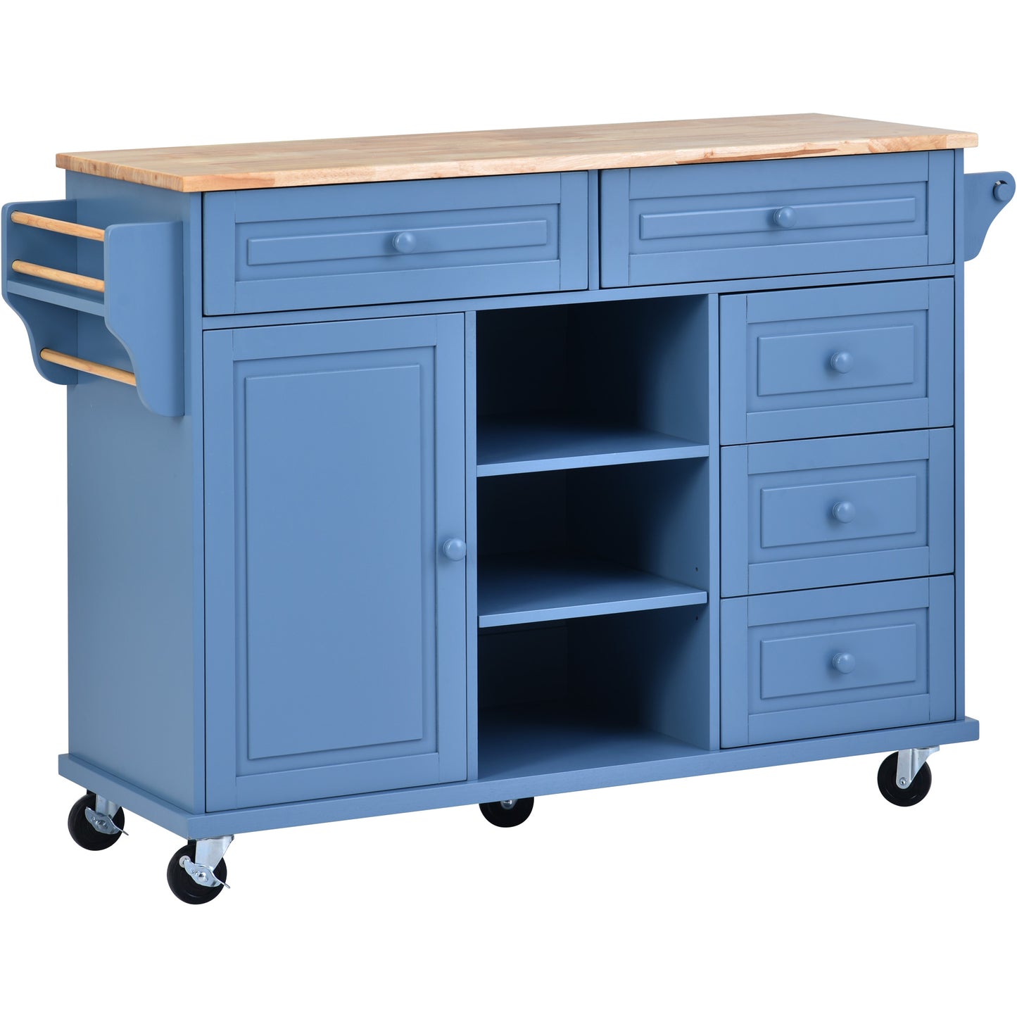 Melysen Kitchen cart with Rubber wood desktop rolling mobile kitchen island with storage and 5 draws 53 Inch length (Blue)