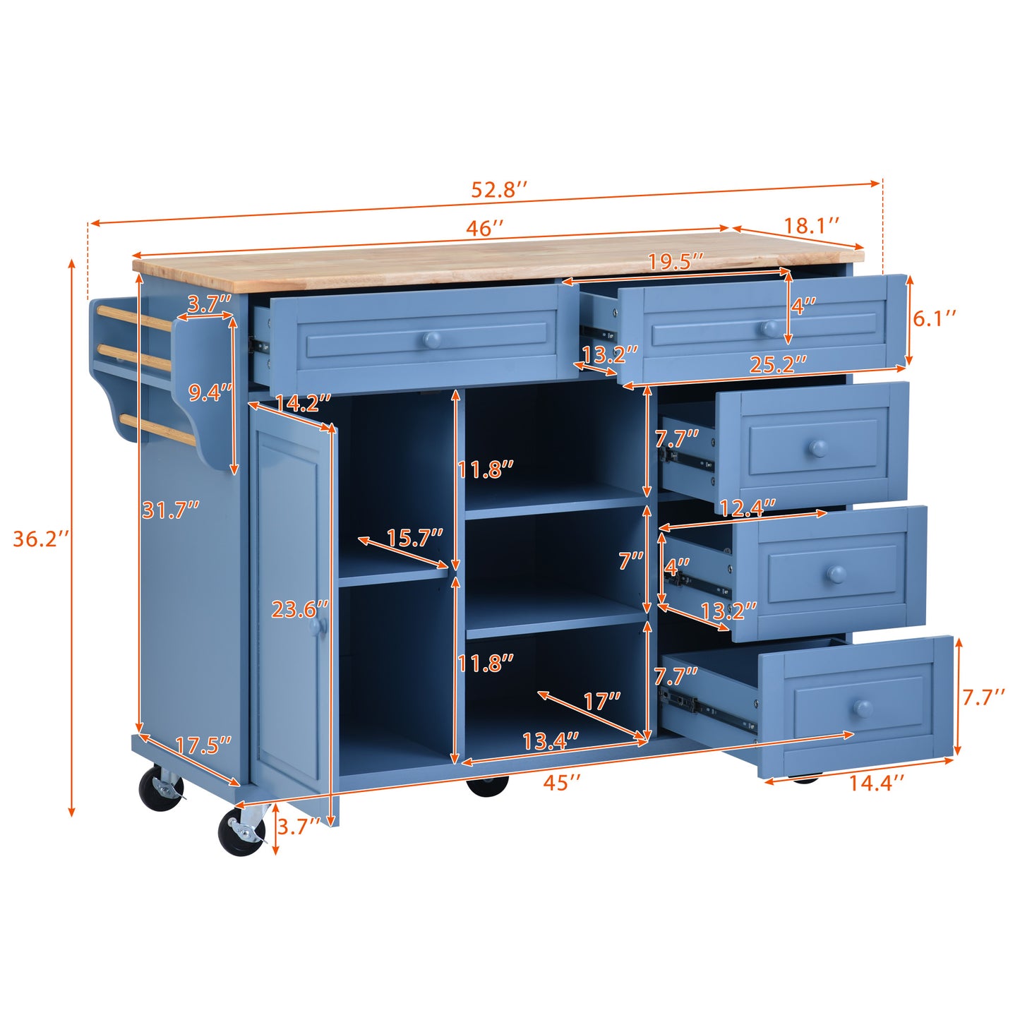 Melysen Kitchen cart with Rubber wood desktop rolling mobile kitchen island with storage and 5 draws 53 Inch length (Blue)