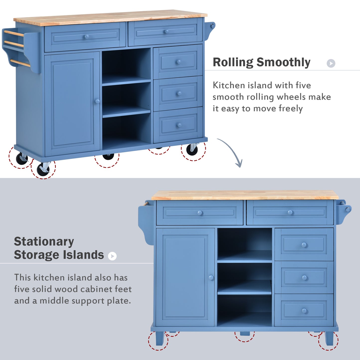 Melysen Kitchen cart with Rubber wood desktop rolling mobile kitchen island with storage and 5 draws 53 Inch length (Blue)