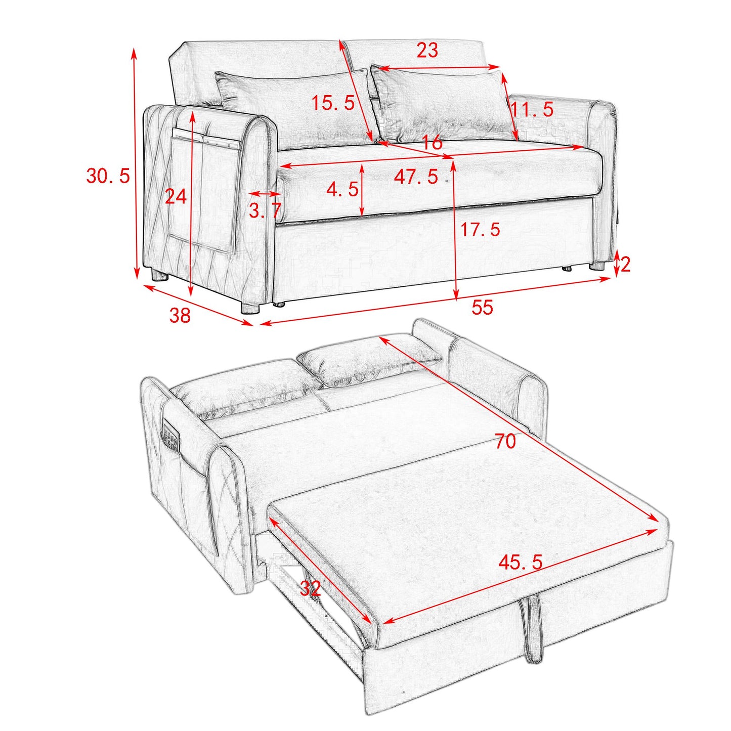 Melysen 55" Modern Convertible Sofa Bed with 2 Detachable Arm Pockets, Velvet Loveseat Sofa with Pull Out Bed, 2 Pillows and Living Room Adjustable Backrest, Grid Design Armrestsin