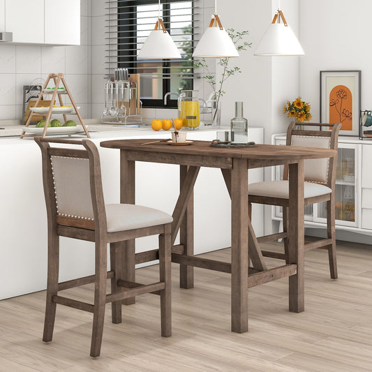 Melysen 3-Piece Wood Counter Height Drop LeafDining Table Set with 2 Upholstered Dining Chairs for Small Place