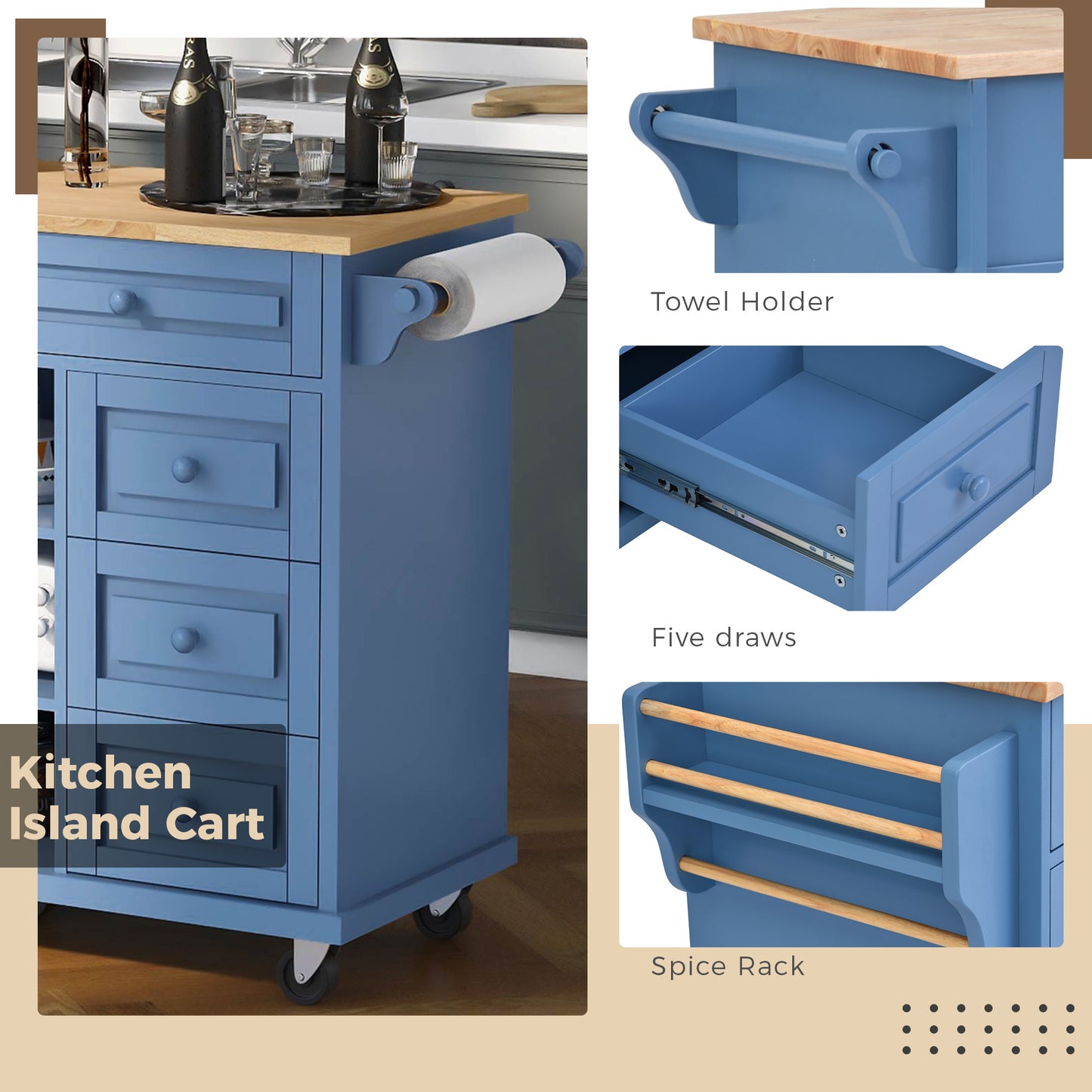 Melysen Kitchen cart with Rubber wood desktop rolling mobile kitchen island with storage and 5 draws 53 Inch length (Blue)