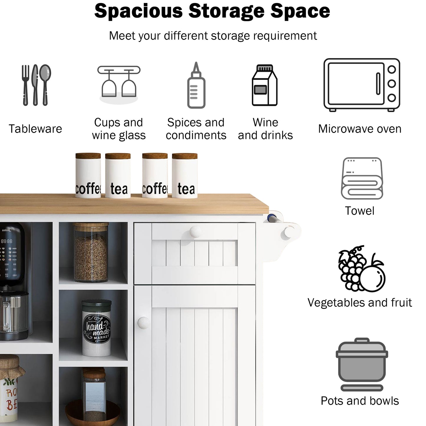 Melysen Kitchen Island Cart with Storage Cabinet and Two Locking Wheels,Solid wood desktop,Microwave cabinet,Floor Standing Buffet Server Sideboard for Kitchen Room,Dining Room,, Bathroom(White)