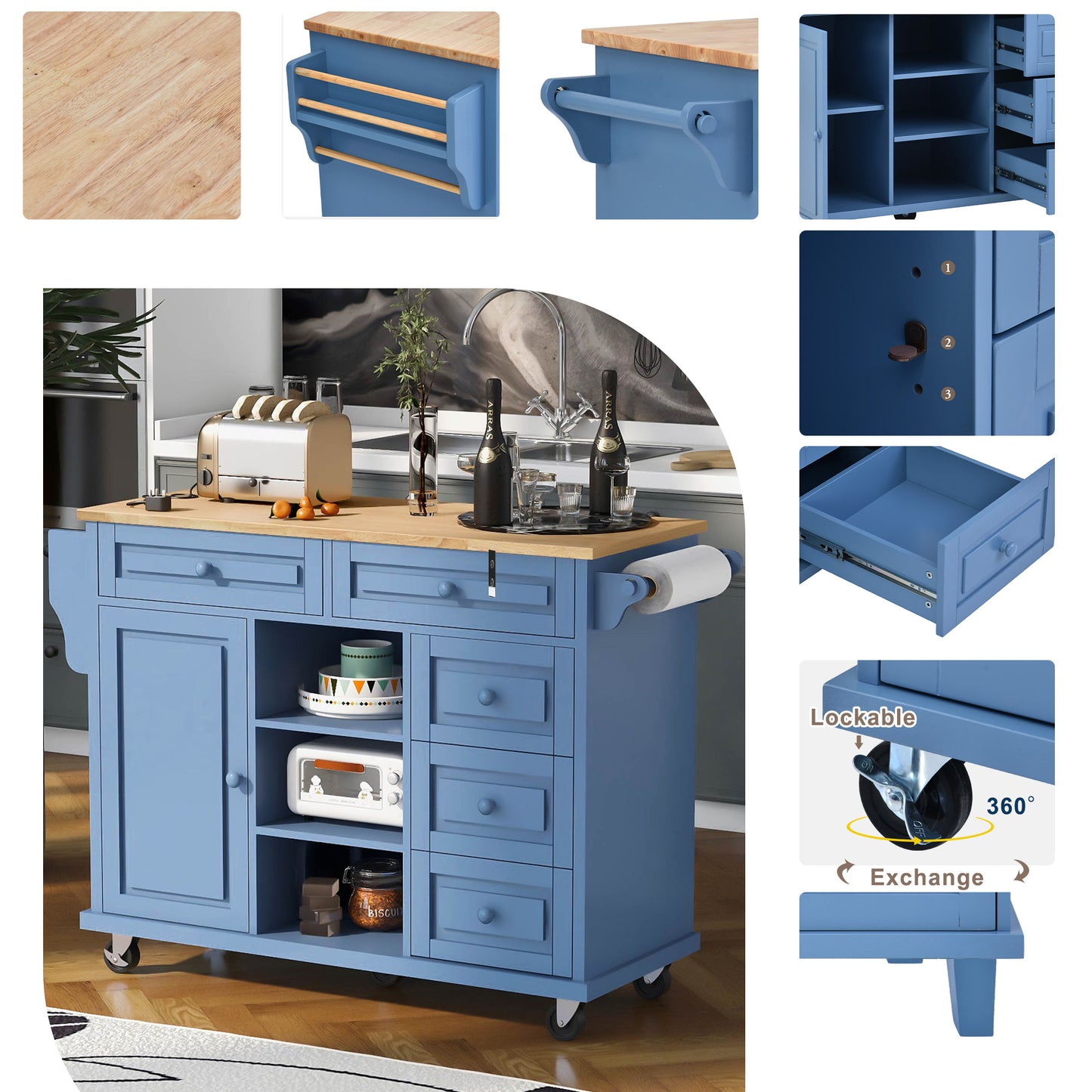 Melysen Kitchen cart with Rubber wood desktop rolling mobile kitchen island with storage and 5 draws 53 Inch length (Blue)