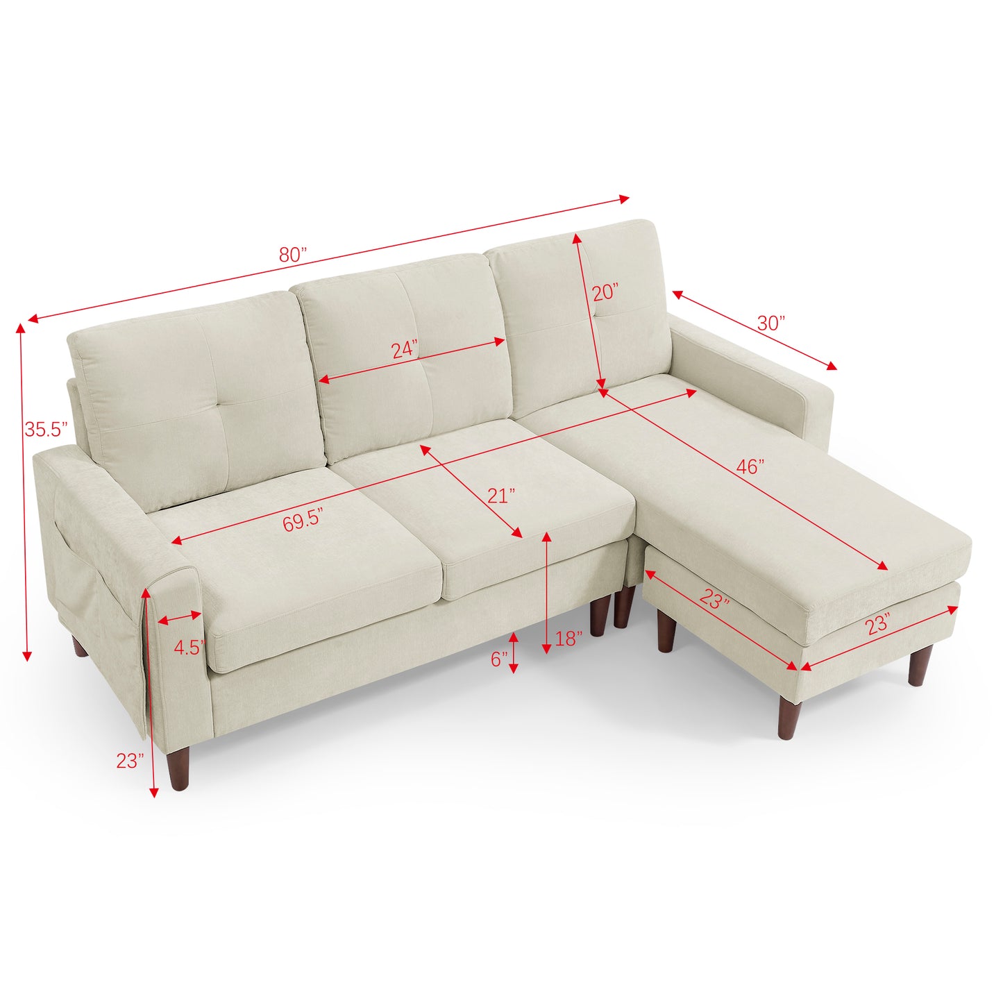 Melysen 80" Convertible Sectional Sofa Couch,3 Seats L-shape Sofa with Removable Cushions and Pocket, Rubber Wood Legs