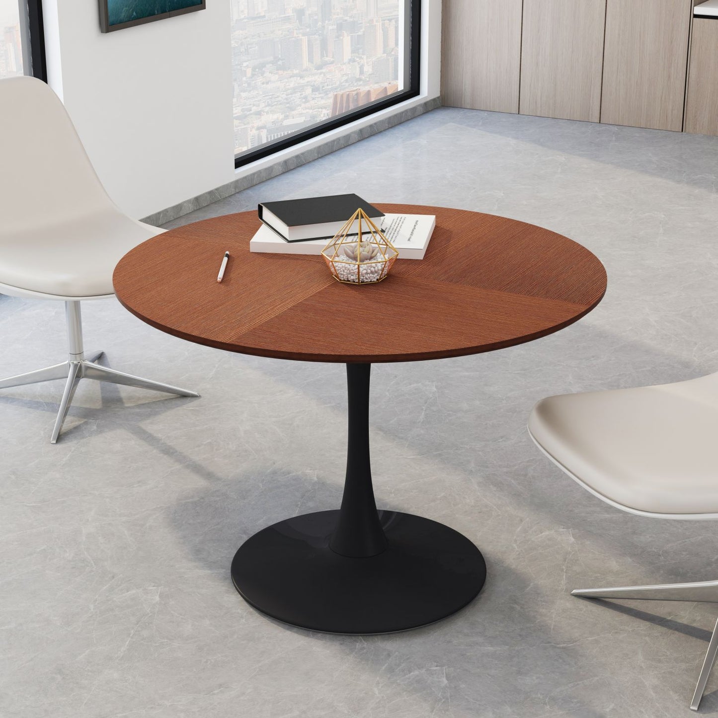 Melysen 42"Modern Round Dining Table with Printed OAK Color Grain Table Top,Metal Base Dining Table, End Table Leisure Coffee Table