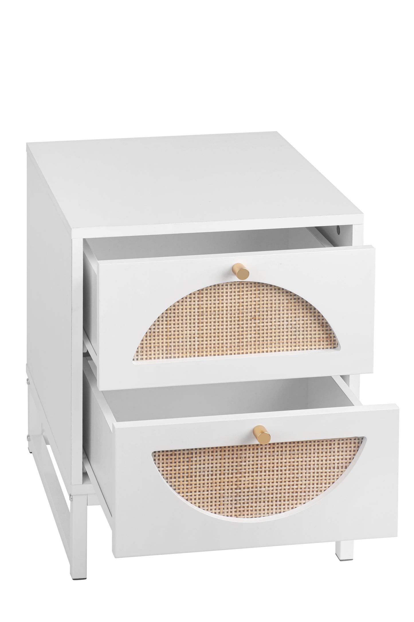 Melysen 2 Drawer Nightstand Set of 2, White, Natural Rattan, Display Rack for Bedroom and Living Room,White