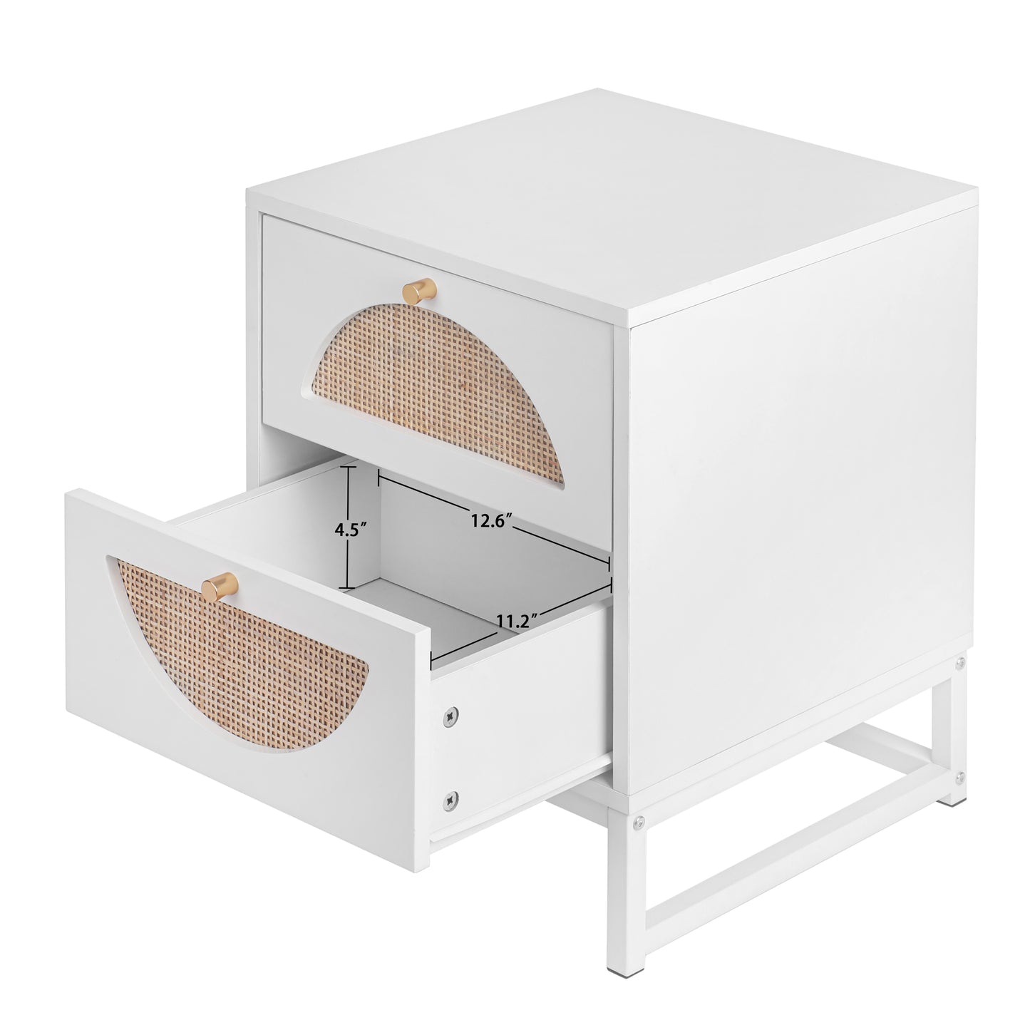 Melysen 2 Drawer Nightstand Set of 2, White, Natural Rattan, Display Rack for Bedroom and Living Room,White