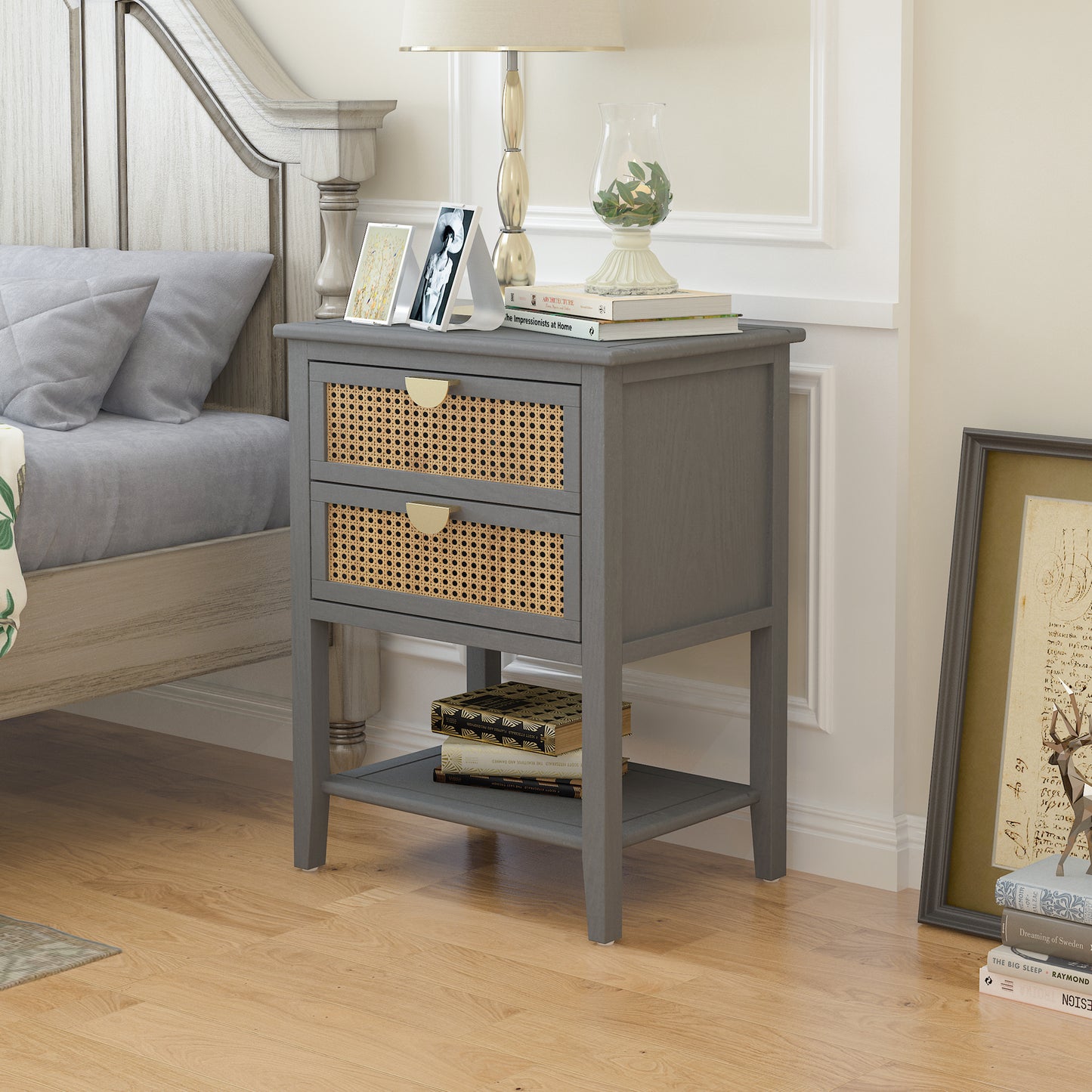 Melysen 2 Drawer Side table,Naturel Rattan,End table,Suitable for bedroom, living room