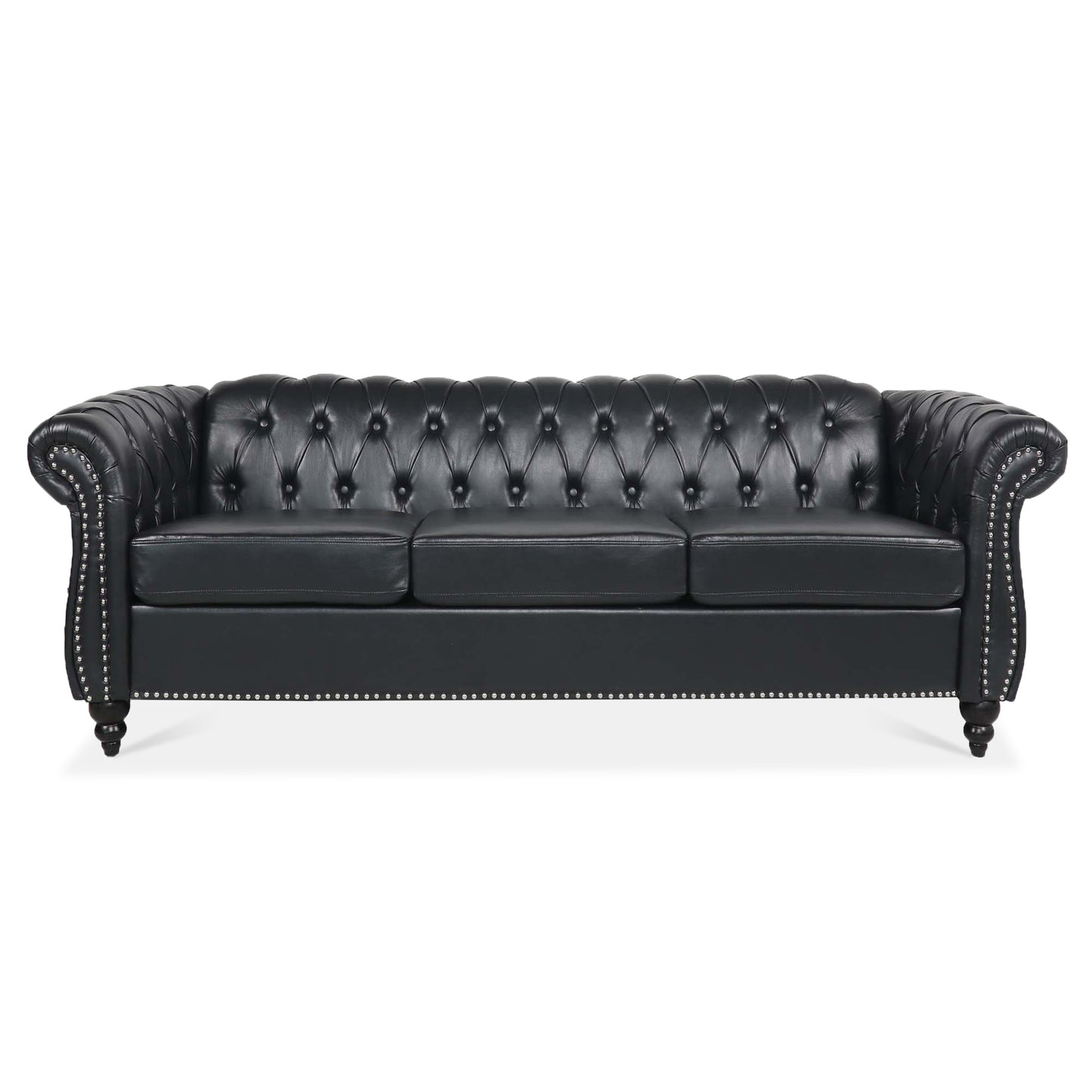 Melysen 84.65" Pu Rolled Arm Chesterfield 3seater Sofa,Black