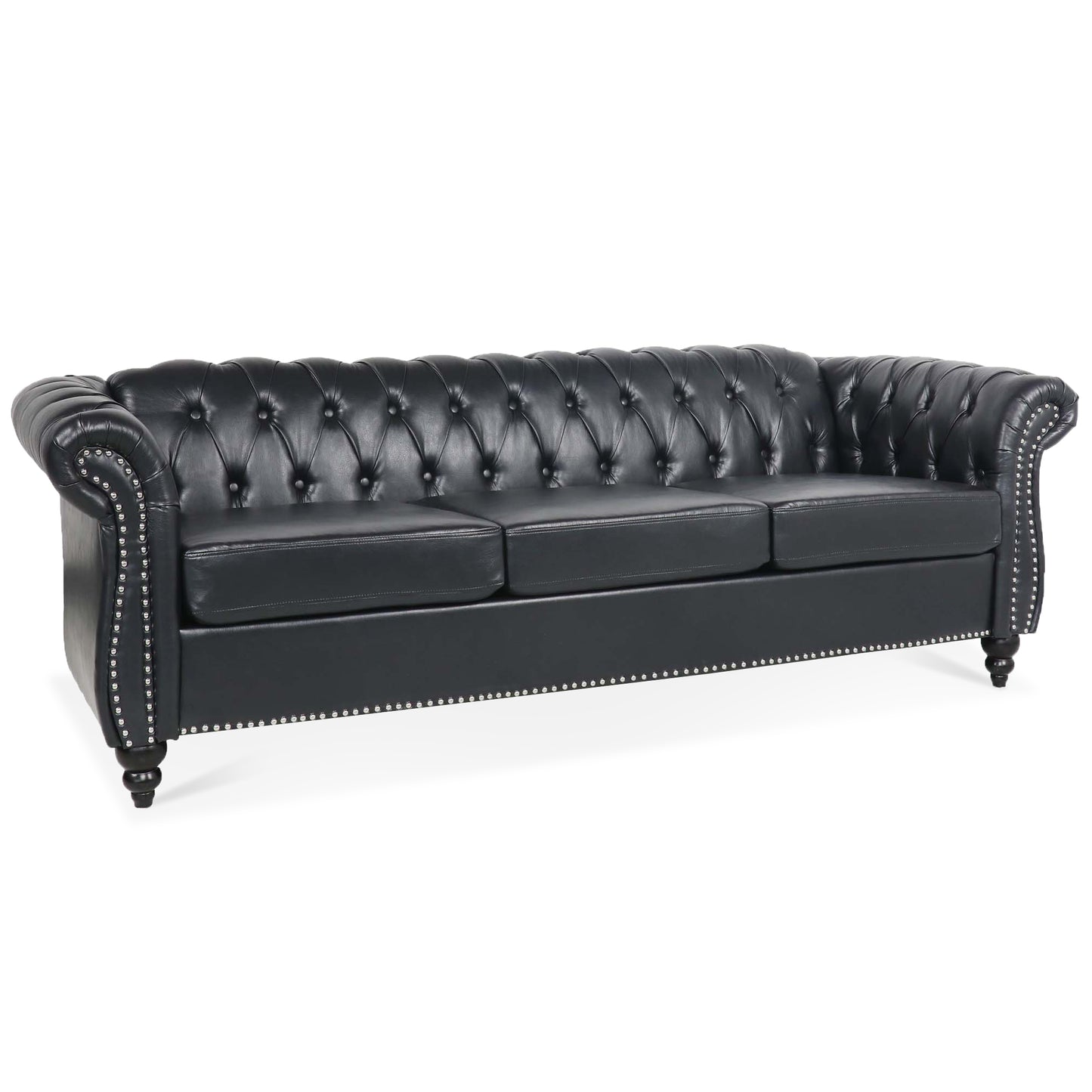 Melysen 84.65" Pu Rolled Arm Chesterfield 3seater Sofa,Black