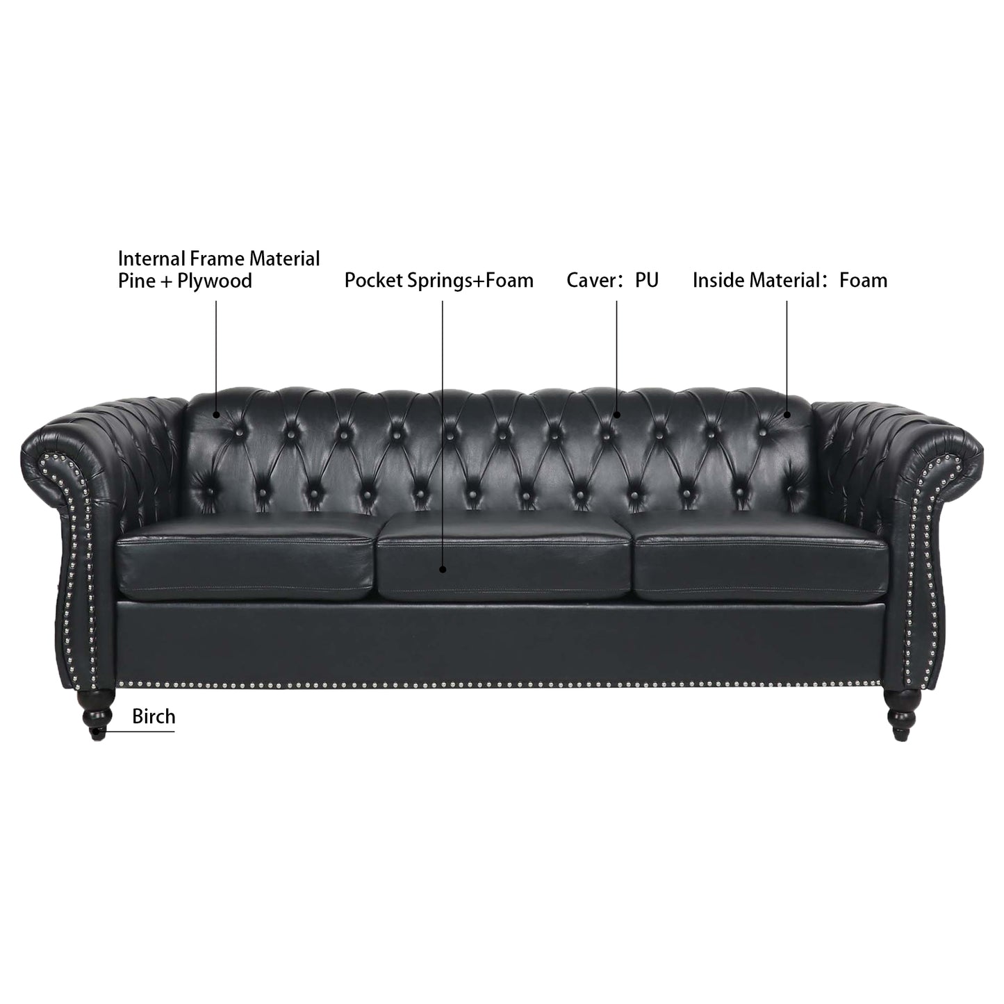 Melysen 84.65" Pu Rolled Arm Chesterfield 3seater Sofa,Black