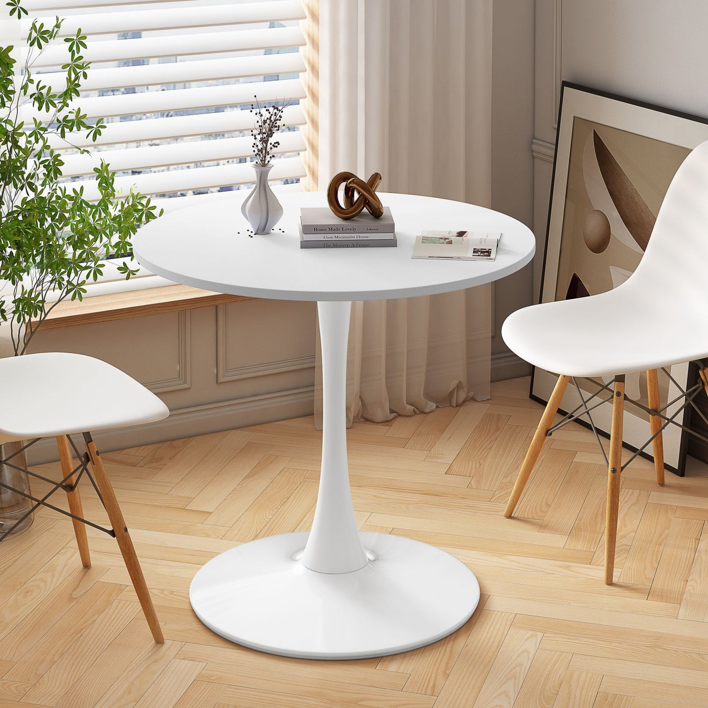 Melysen 32"Modern Round Dining Table with Round MDF Table Top,Metal Base Dining Table, End Table Leisure Coffee Table,White