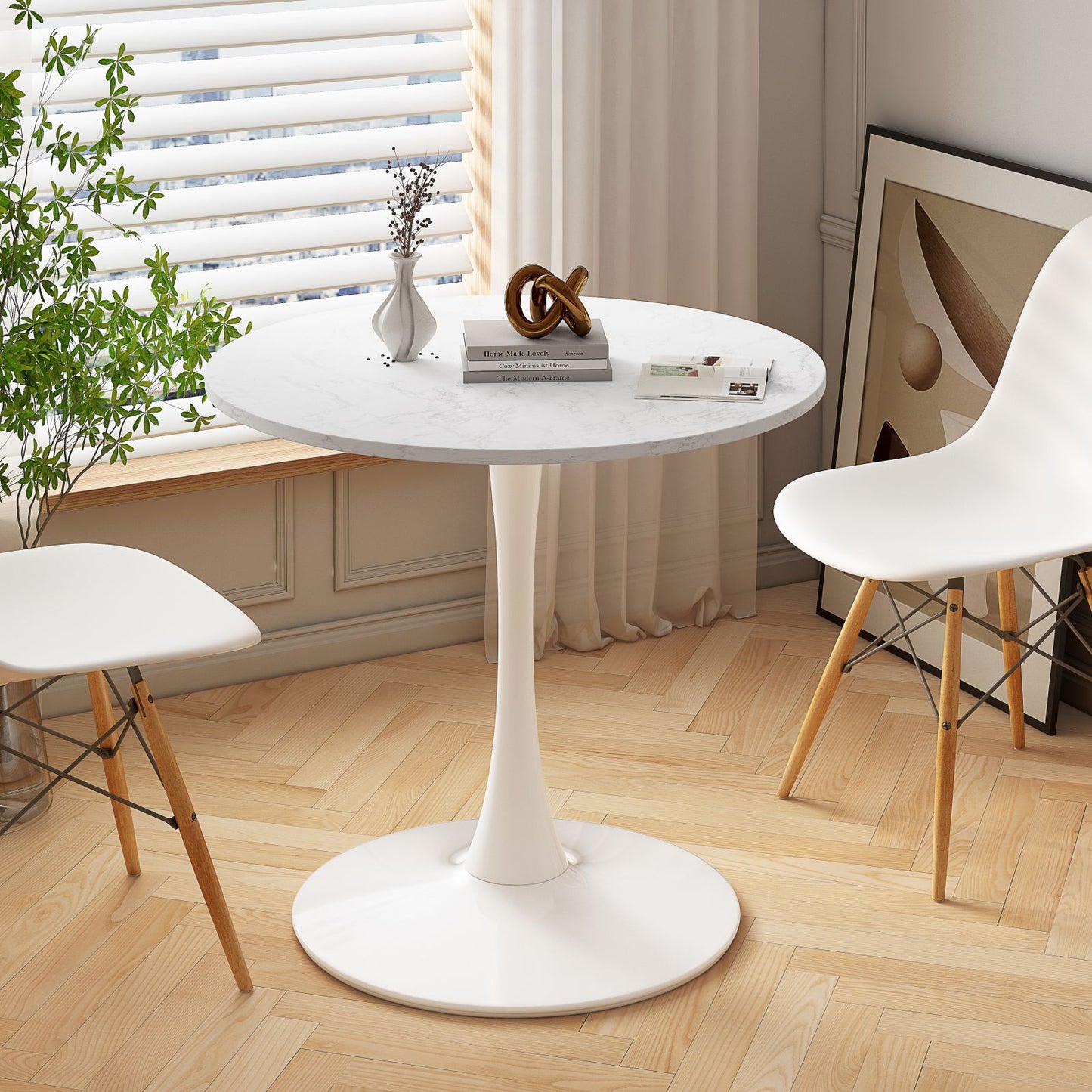 Melysen 32"Modern Round Dining Table with Printed White Marble Table Top,Metal Base Dining Table, End Table Leisure Coffee Table