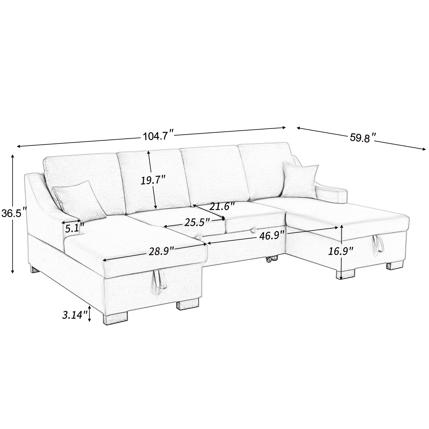 Melysen Upholstery Sleeper Sectional Sofa with Double Storage Spaces, 2 Tossing Cushions, Grey