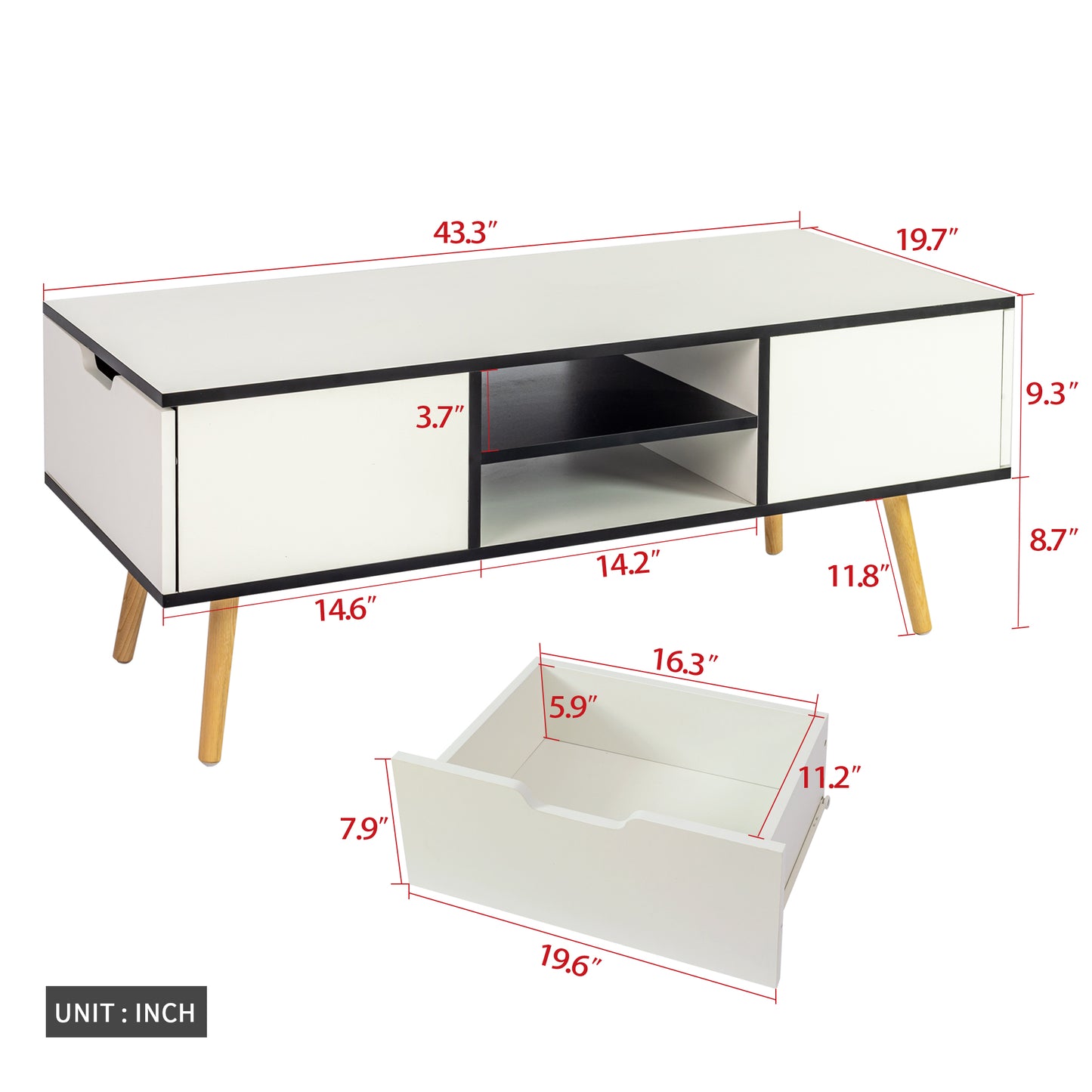 Melysen Open Storage Shelf,Storage Coffee Table With Hidden Compartment And Storage Shelf,Two Big Drawers For Living Room, White