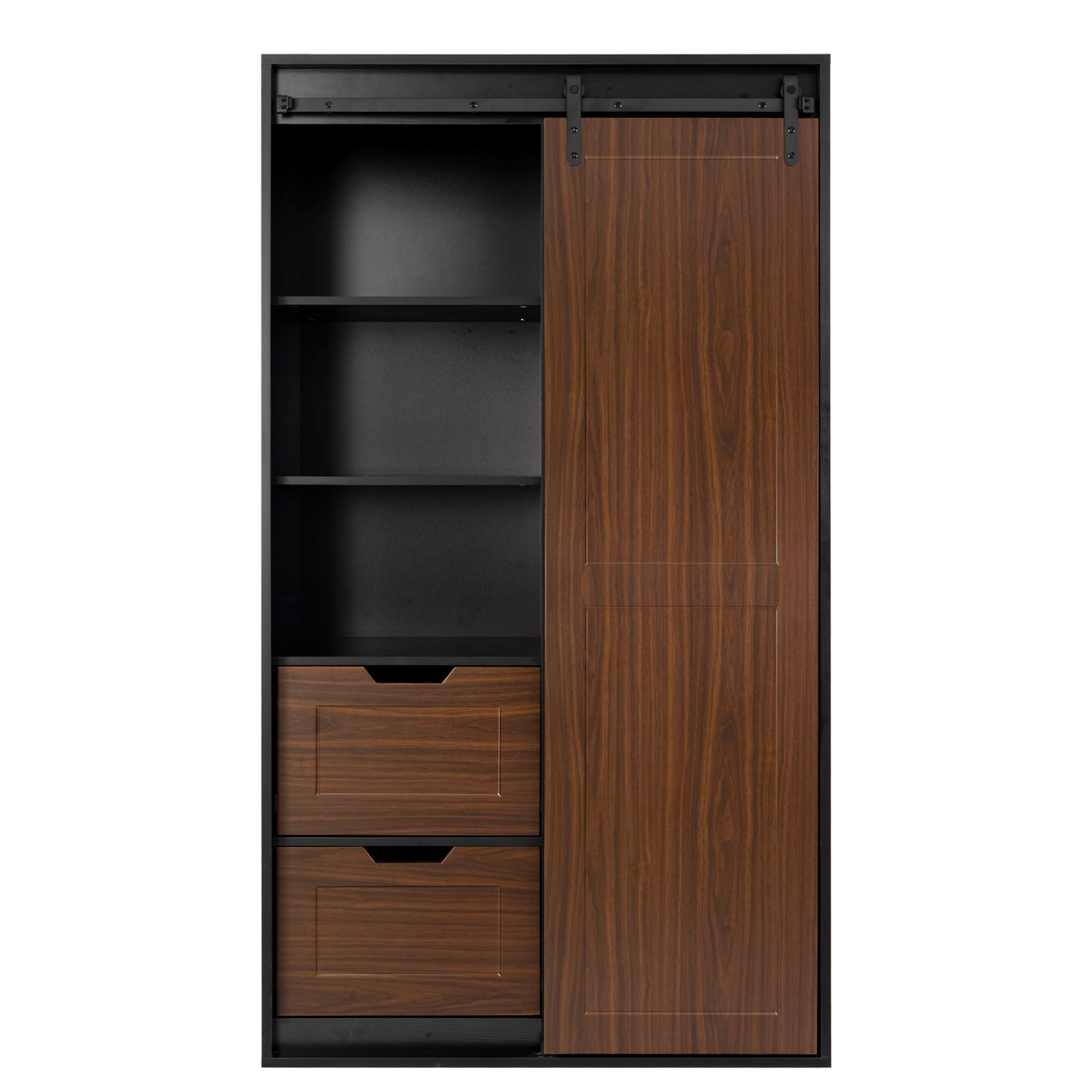 71" Farm Slide Warehouse Door Large Closet Wardrobe,Black+Walnut