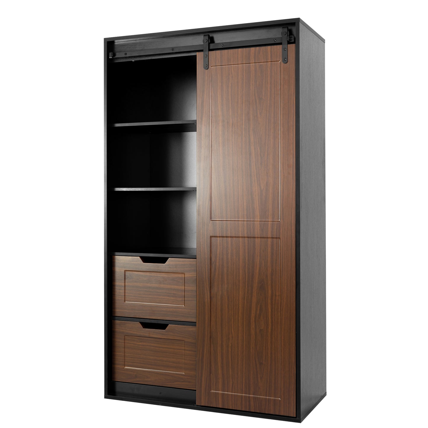 71" Farm Slide Warehouse Door Large Closet Wardrobe,Black+Walnut