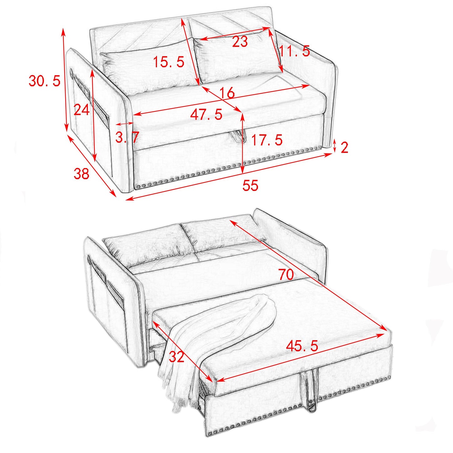 Melysen Sleeper Sofa Bed w/USB Port, 3-in-1 adjustable sleeper with pull-out bed, 2 lumbar pillows and side pocket, soft velvet convertible sleeper sofa bed, suitable for living room bedroomin