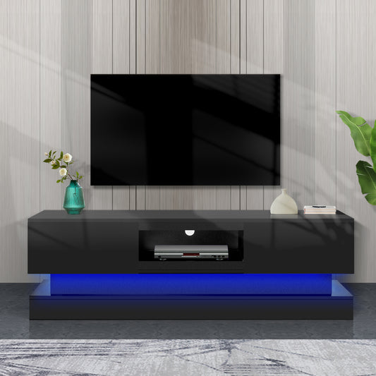 Melysen 51.18 " Black morden TV Stand with LED Lights,high glossy front TV Cabinet,Black