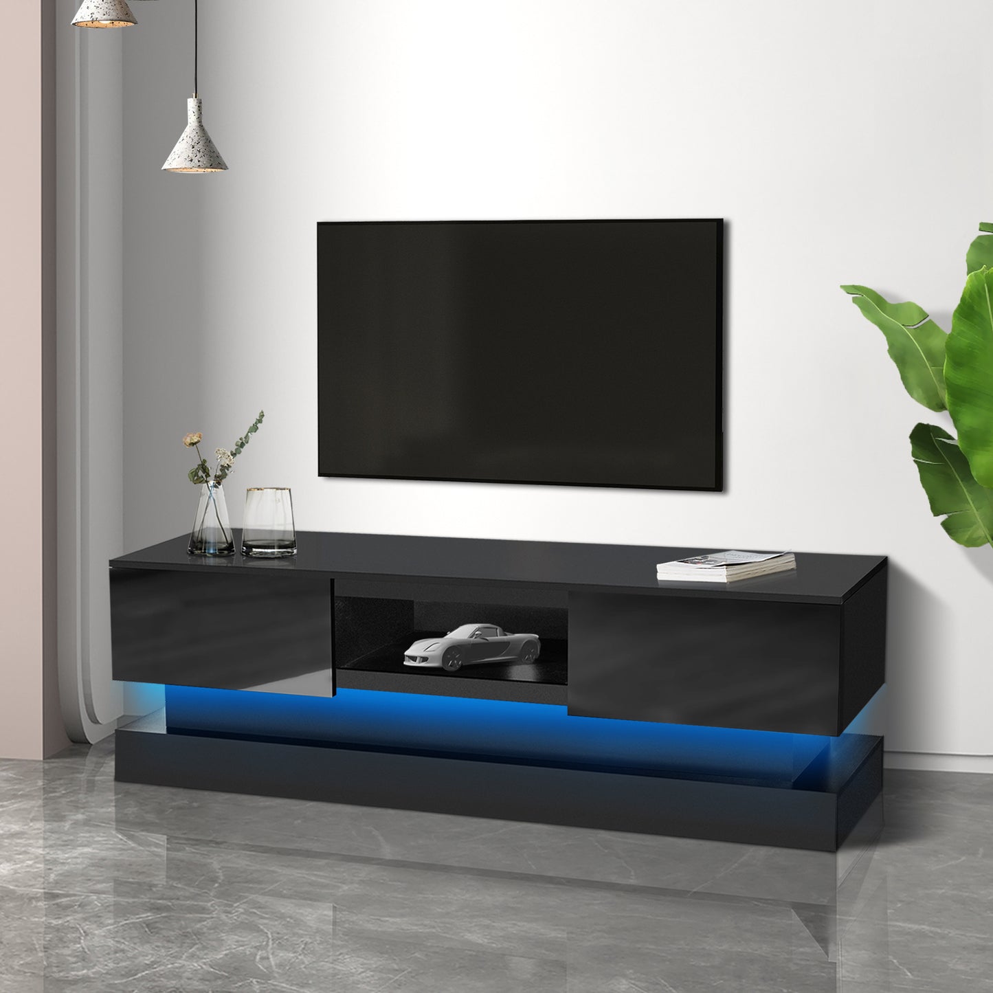 Melysen 51.18 " Black morden TV Stand with LED Lights,high glossy front TV Cabinet,Black