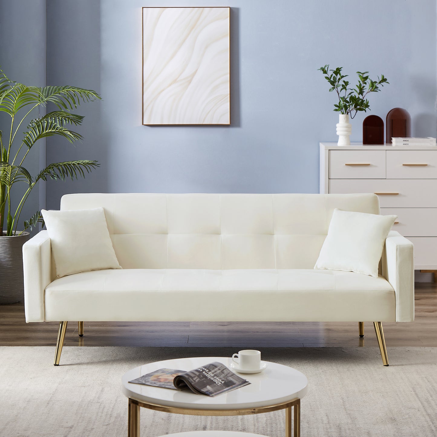 Melysen Cream White Velvet Convertible Folding Futon Sofa Bed ,Sleeper Sofa Couch for Compact Living Space.