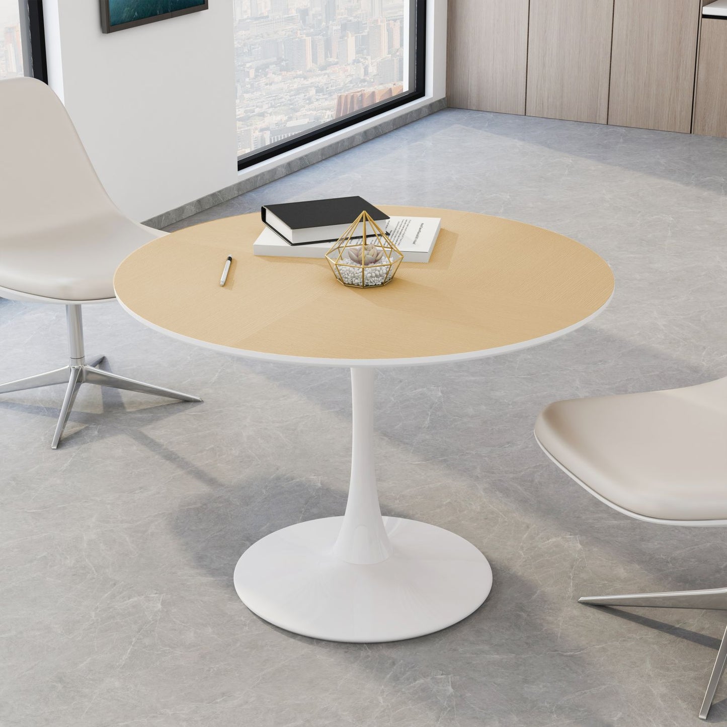 Melysen 42"Modern Round Dining Table with Printed Wood Grain Table Top,Metal Base Dining Table, End Table Leisure Coffee Table