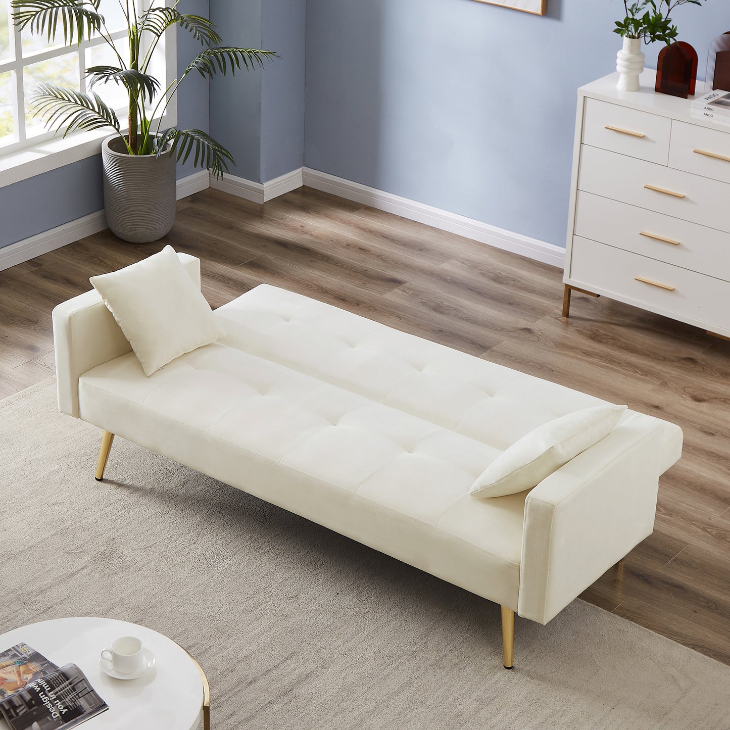 Melysen Cream White Velvet Convertible Folding Futon Sofa Bed ,Sleeper Sofa Couch for Compact Living Space.