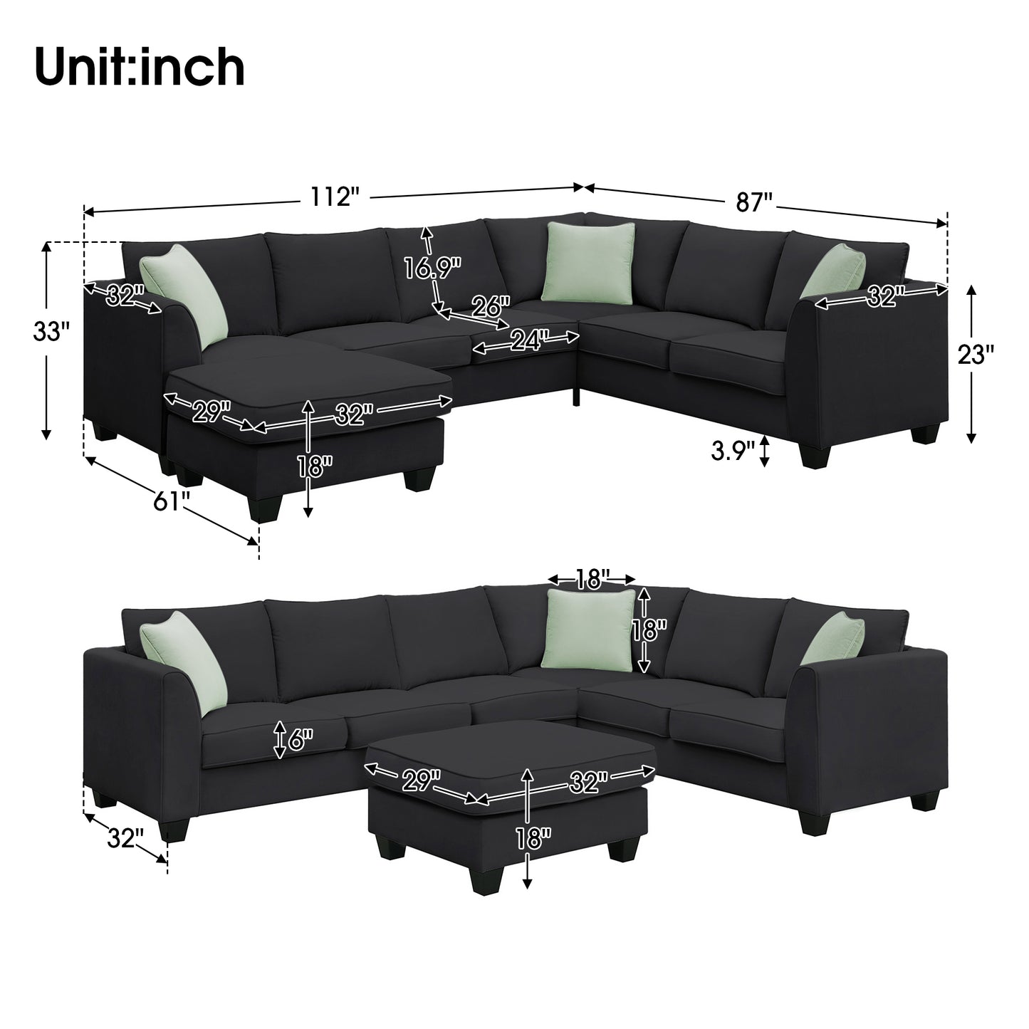 Melysen 112*87" Sectional Sofa Couches Living Room Sets, 7 Seats Modular Sectional Sofa with Ottoman, L Shape Fabric Sofa Corner Couch Set with 3 Pillows