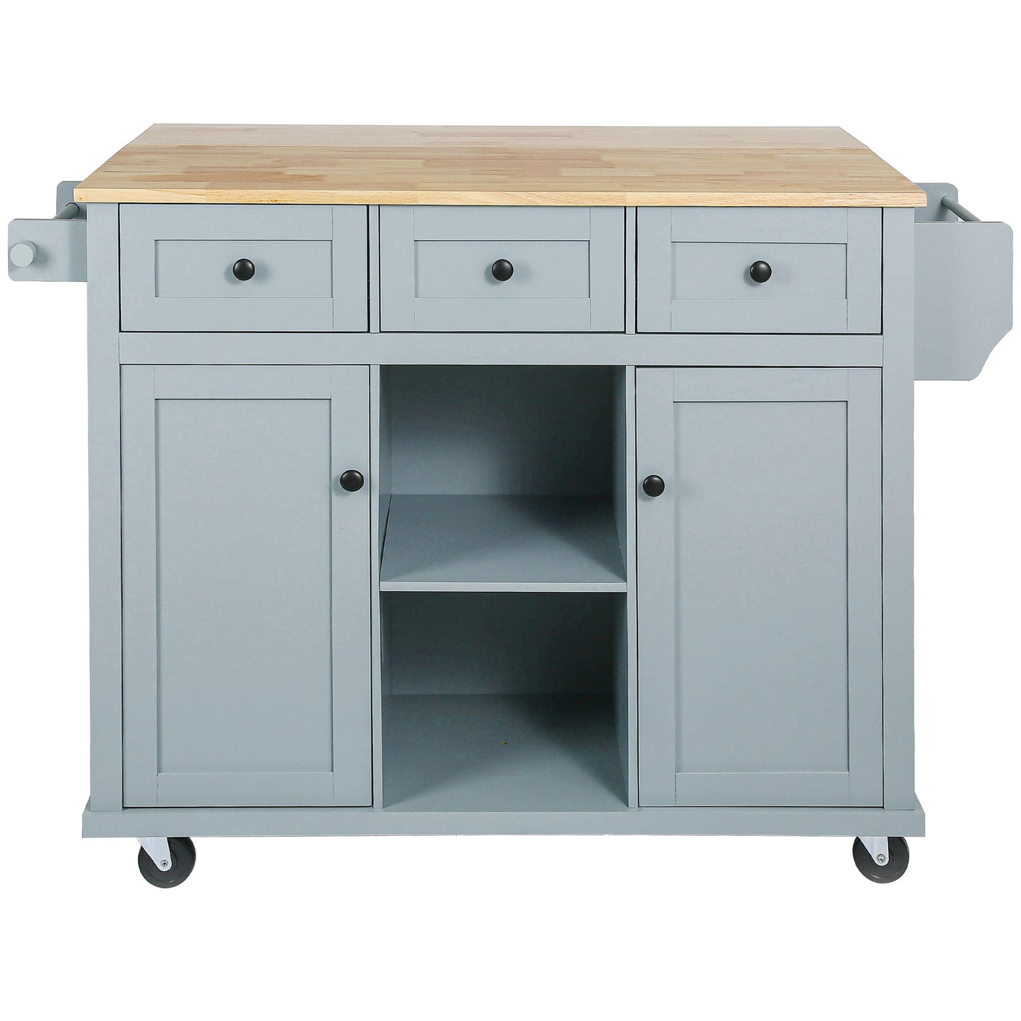 Melysen Kitchen Cart with Rubber wood Drop-Leaf Countertop ,Cabinet door internal storage racks,Kitchen Island on 5 Wheels with Storage Cabinet and 3 Drawers for Dinning Room, Grey Blue